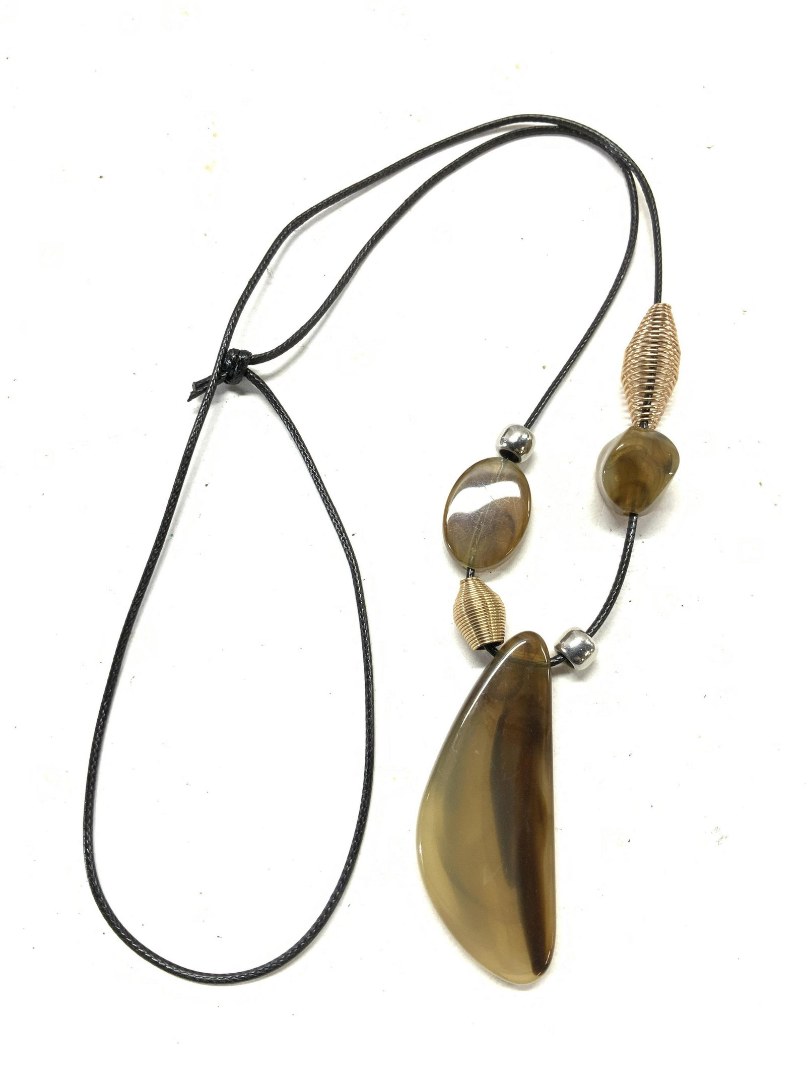 Leather & Sterling Collar Neck, Costume Necklace: Brown woven leather collar necklace with sterling silver tube over leather. Must fit over the head. Sterling tested with puritest kit. Black cord necklace with resin beads and spiral gold tone beads. 