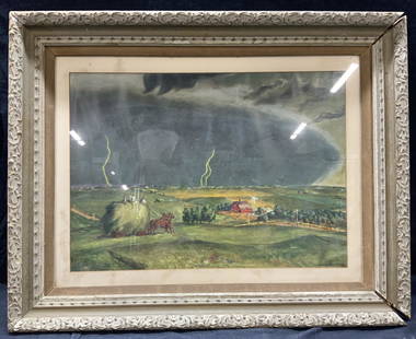 John Stewart Curry Storm On The Farm Lithograph: Marked on lower right corner John Steuart Curry. Depicts men transporting hay on a horse drawn carriage towards a red barn farmland with a storm overhead. Framed in ornate carved wooden frame with off