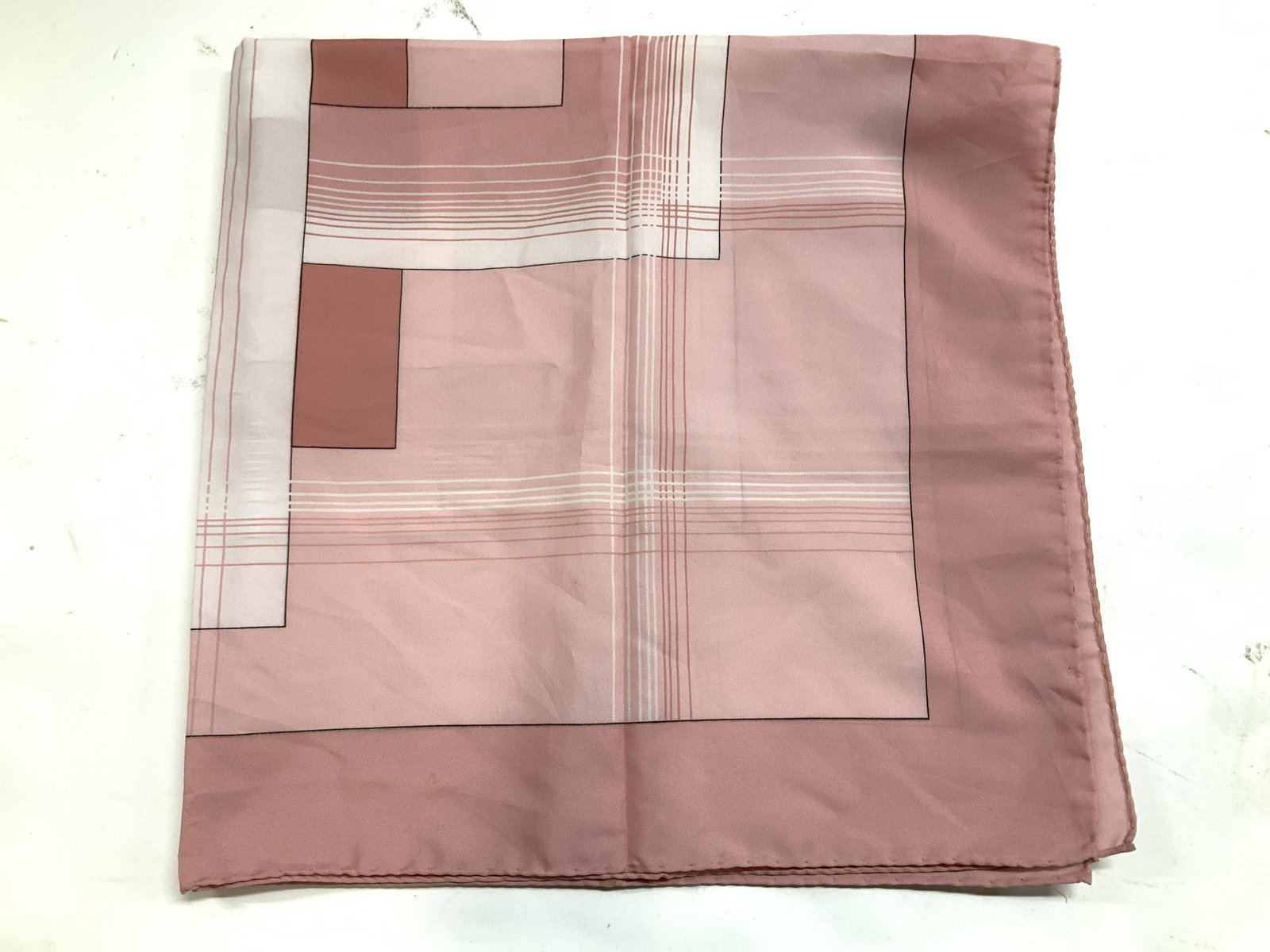 Leonardi Hand Rolled Polyester Scarf: Vintage Scarf, Signed Leonardi, Pink and white square within a square print. Hand rolled edges. Measures 30 x 30 in. Light blemishes. Scarf, wearables, vintage wear, ladies fashion, hand rolled Leonar