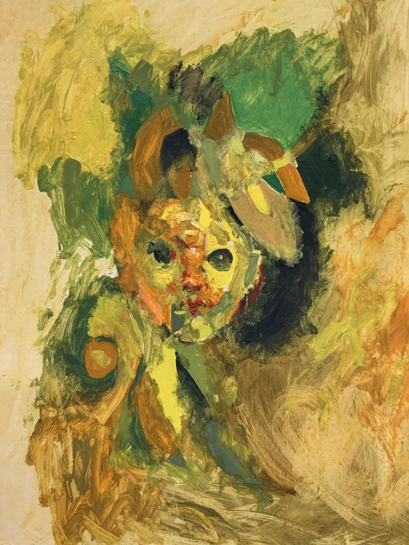 Berry Groppelli Signed Abstract Facial Painting: Marked on backside with artist Website, Betty G roppelli Depicts an abstract form with center face in tones of yellows, oranges and greens. No frame, painting on board. Approximately 28 x 22 inches ev