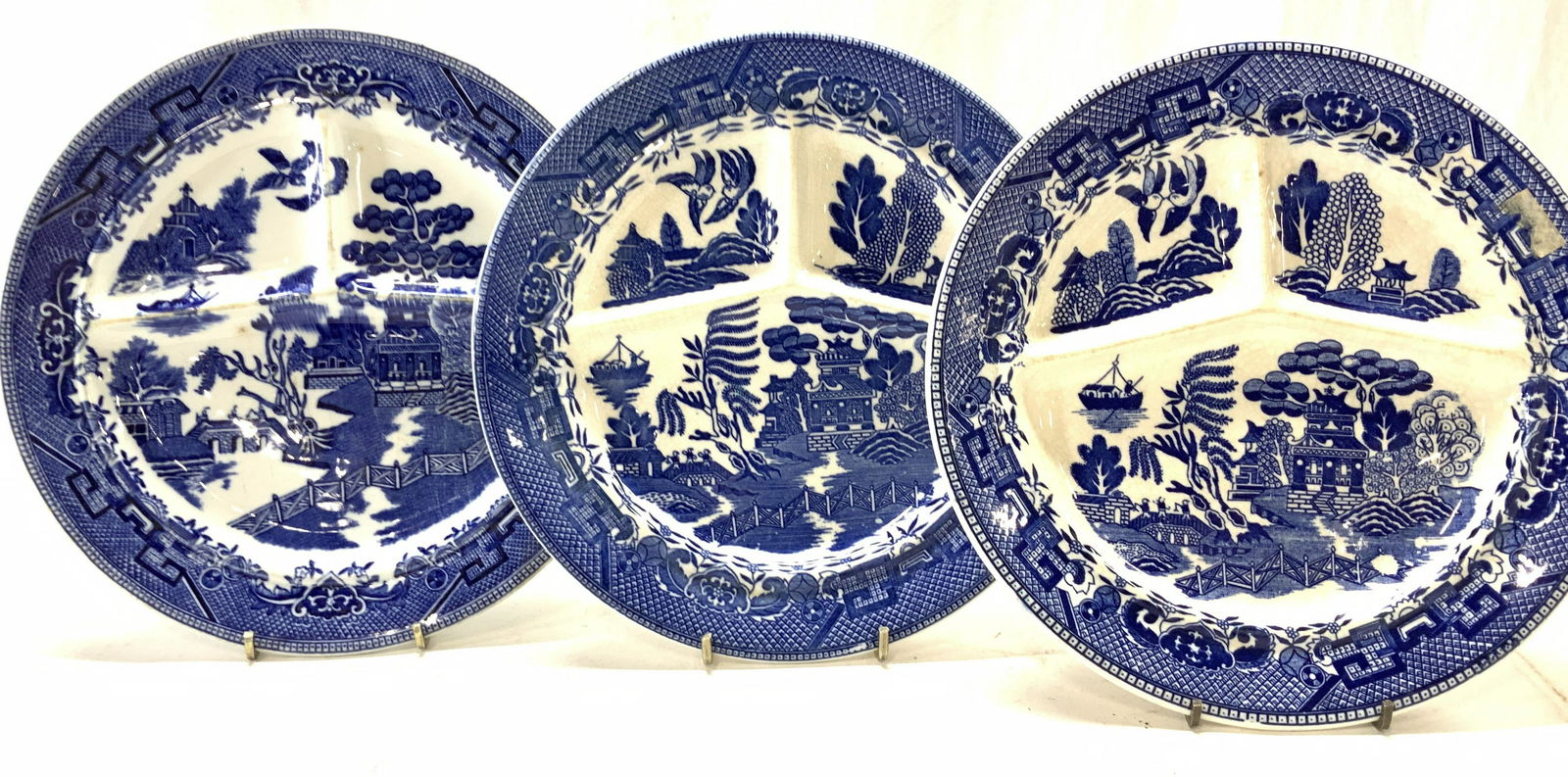 Set 3 Asian Willow Blue Porcelain Plates, Japan (1 of 7)