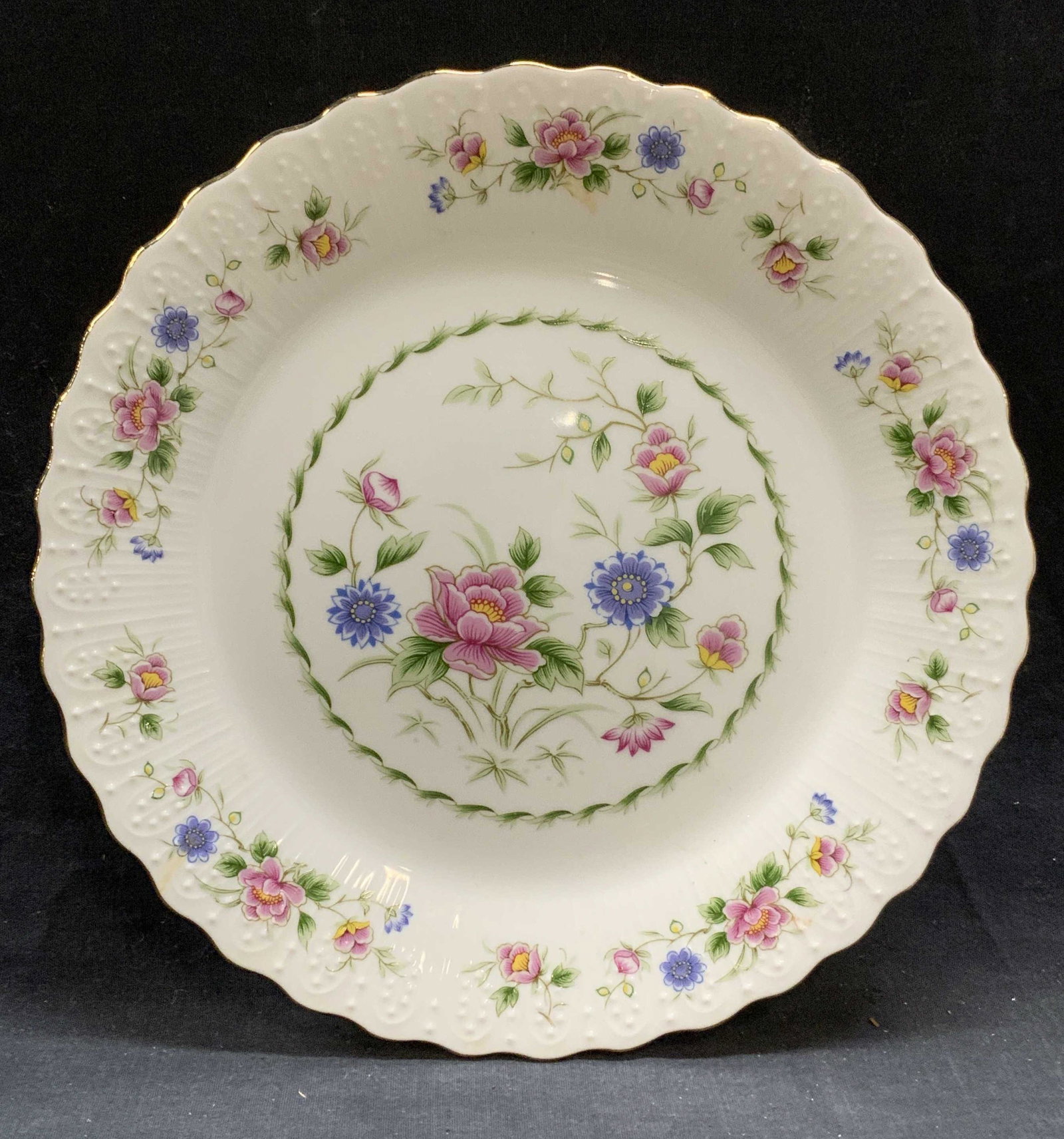 Andrea by SADEK Spring Night Fine China Plate: Andrea by SADEK fine china plate in Spring Night pattern. Trademarked to underside. Measures approx. 10.5 inches diameter. Some surface wear consistent with exposure. Andrea by SADEK, Andrea by SADEK 