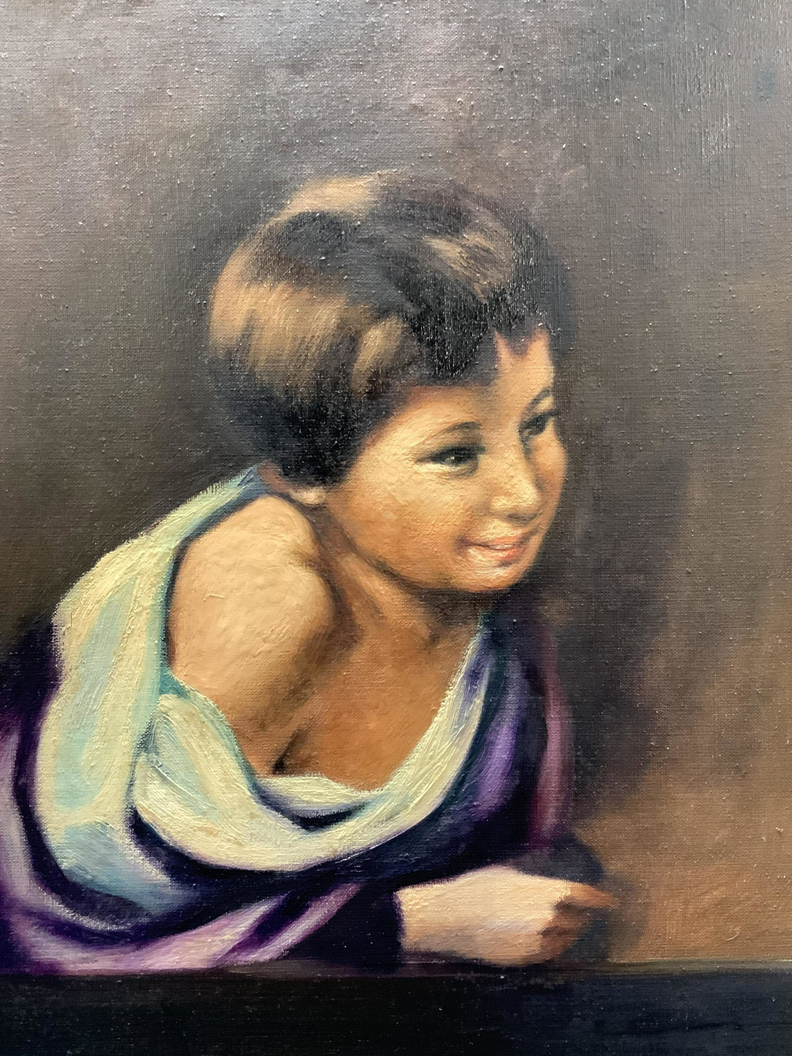 Signed Peasant Boy On A Window Sill Oil Painting: Signed on left corner, possibly reads Mangel Depicts a young boy in purple robes leaning on a window sill Framed in gold metal leafed wooden and plaster framed. Approximately 34.5 x 28.5 inches window