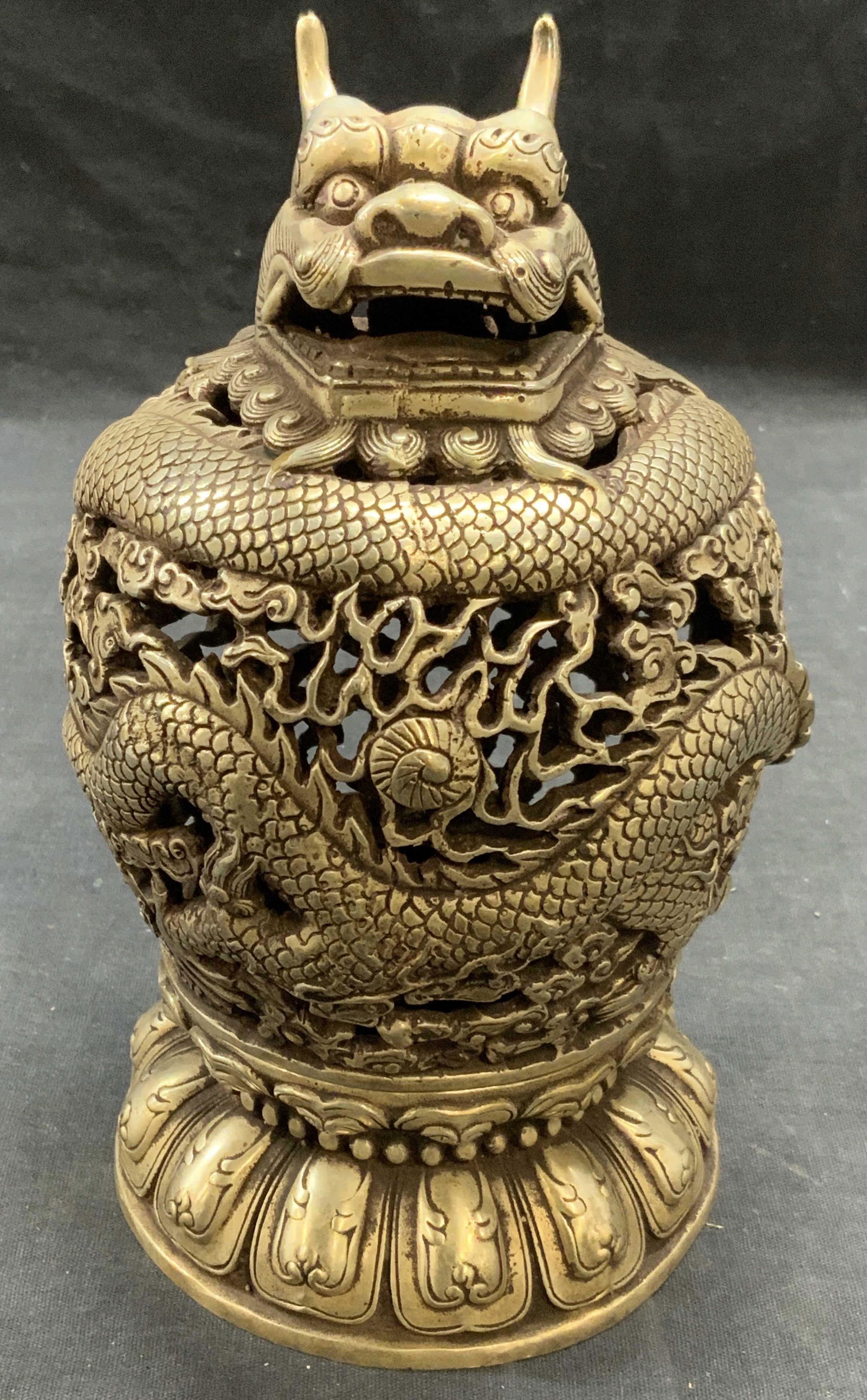 Stamped Chinese Silver Tone Dragon Incense Burner (1 of 6)