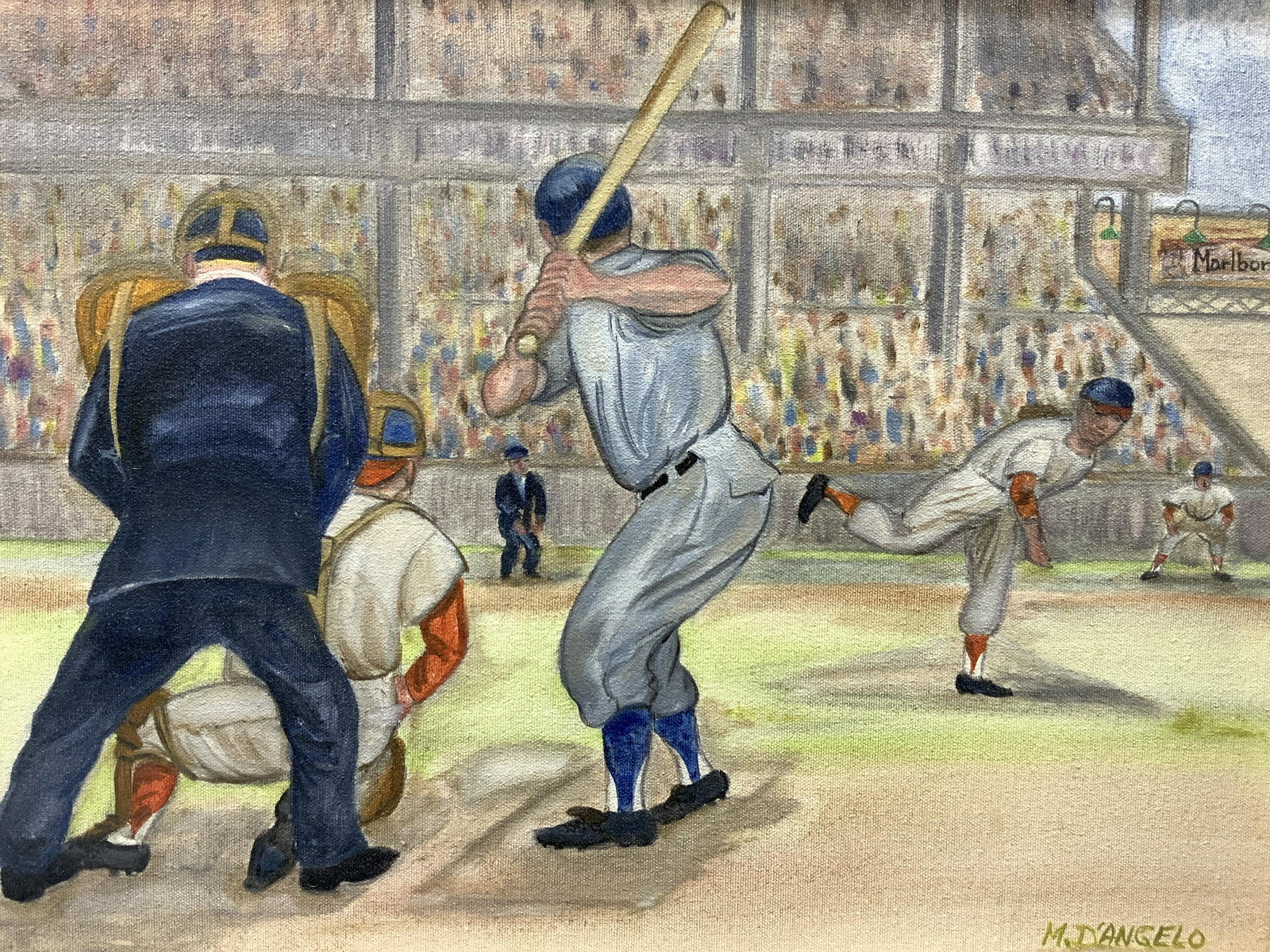 M.D Angelo Signed Ninth Inning Oil Painting: Signed on lower right corner M D Angelo , marked Ninth Inning on backside. Depicts the New York Yankees in the middle of a game. Framed in tan toned painted wooden minimalist frame. Approximately 16.2