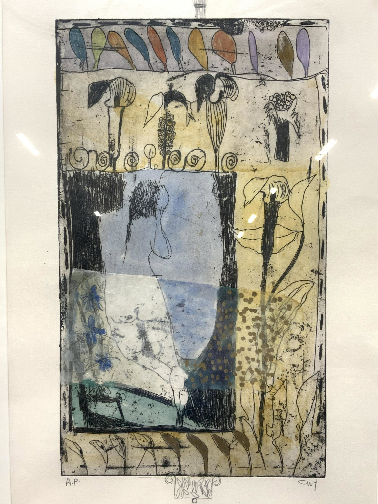 Attr GUY Signed Artist Proof Engraving Imprint: Signed on lower right corner in graphite, Guy, A.P. Depicts a nude female figure wearing high heels amongst a border of flowers. Edges of paper have graphite drawings as well.Framed in black wooden fr