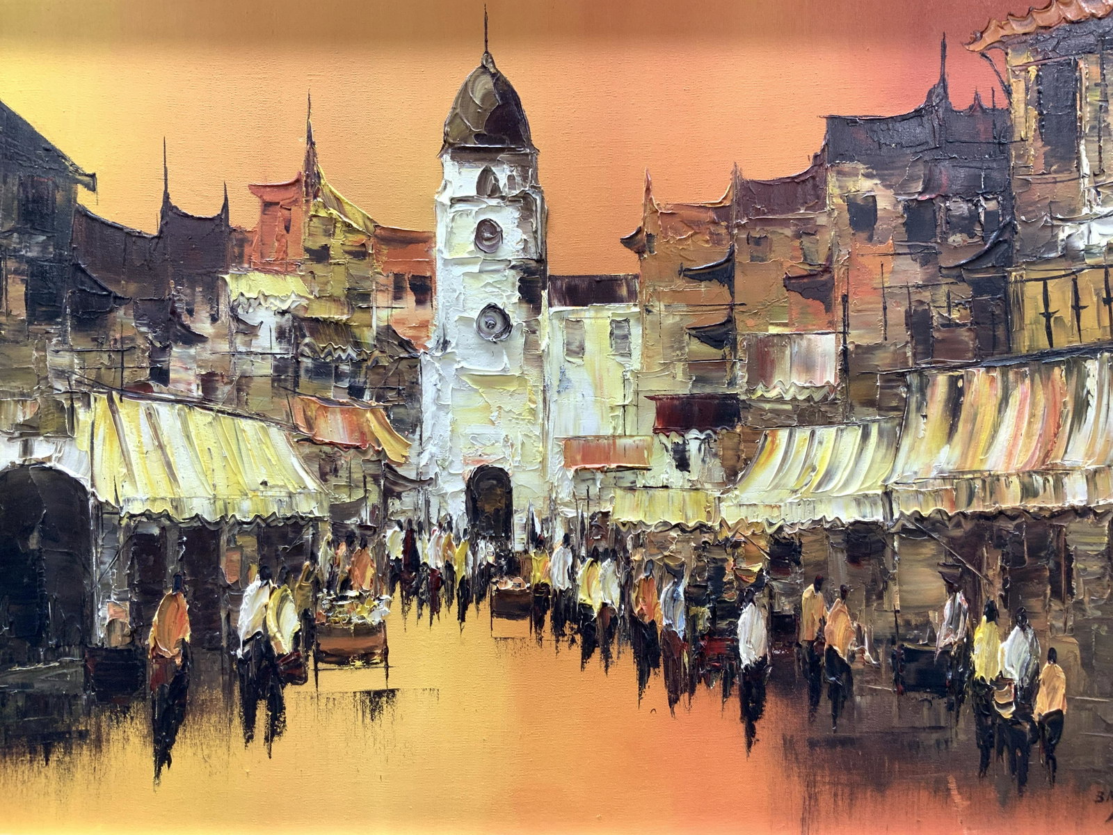 Signed Street Market Impressionist Oil Painting: Signed on lower right corner, illegibly. Depicts a European street market with crowds of people looking at the stalls under tarps with a domed church in the background. Framed in dark wooden frame. Ap