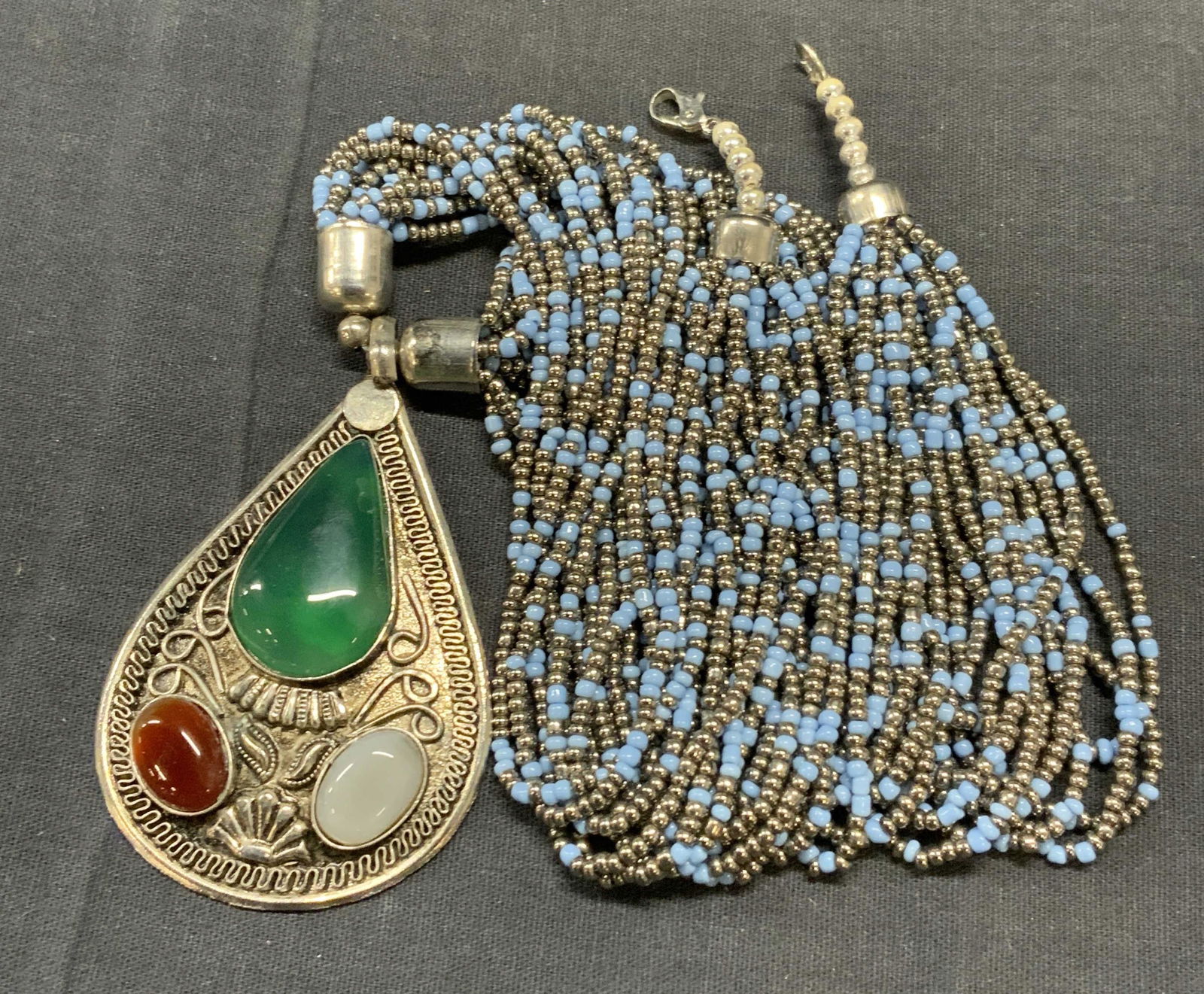 Silver Tn Multi Chain Beaded Pendant Necklace (1 of 6)