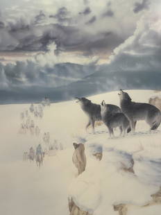 Donald Vann Signed Exhibition Lithograph: Signed on lower left corner Vann. Lithograph reads Donald Vann Kansas City, Missouri. Depicting wolves howling towards the sky with a group of Natives in the distance. Framed in light toned wooden fra