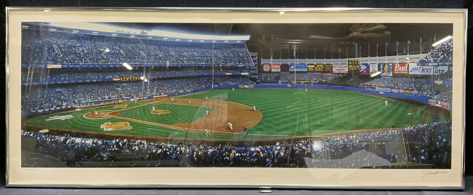 JURINKO Pinstripes Classic Comeback Litho 3ft: Signed Andy JURINKO limited edition Pinstripes Classic Comeback lithograph. Hand signed to lower right. Dated 1997. Edition number 155/600. Subject depicts men playing baseball in Yankee Stadium. Fram