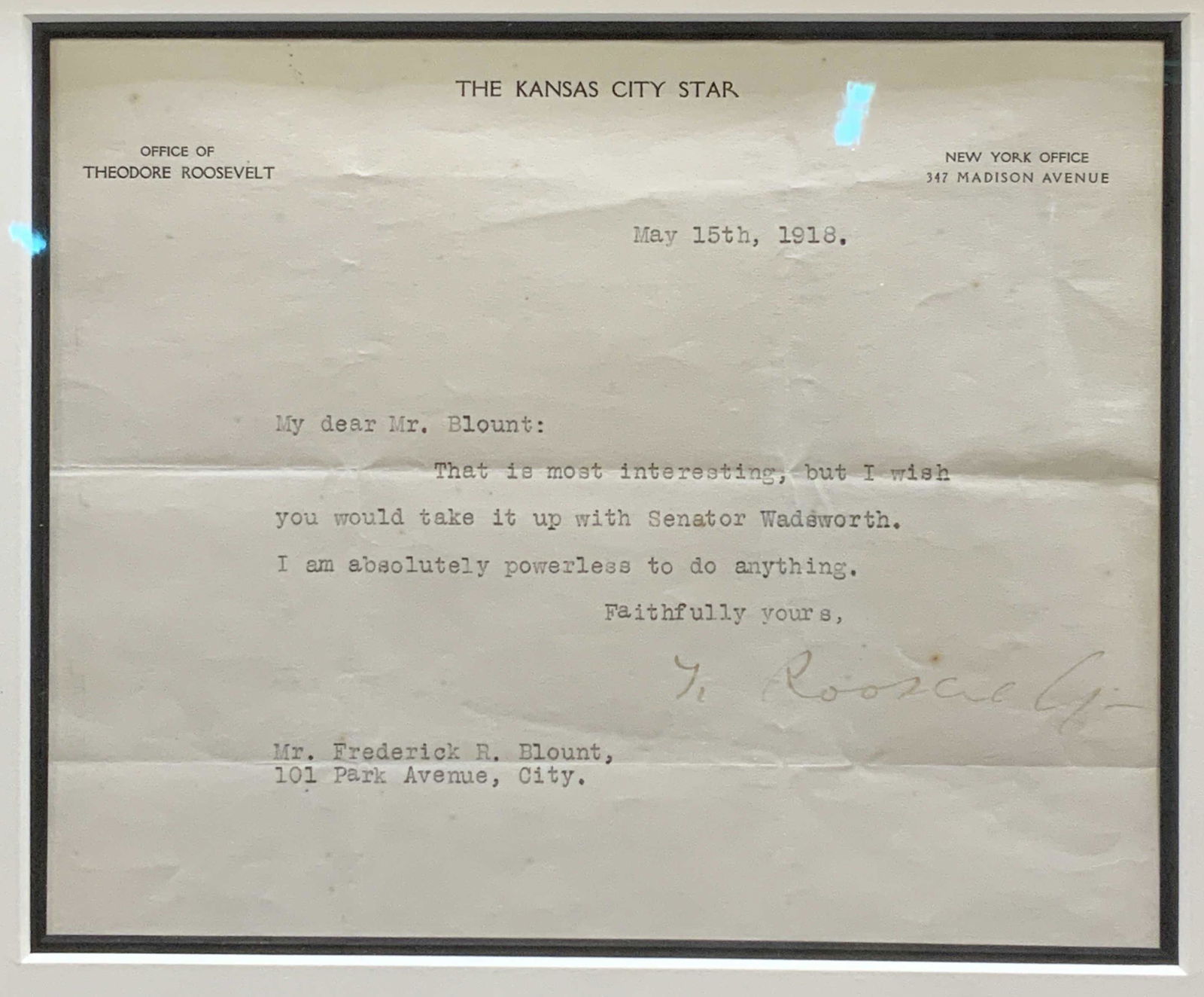 Theodore Roosevelt Signed Correspondence, 1918 (1 of 7)