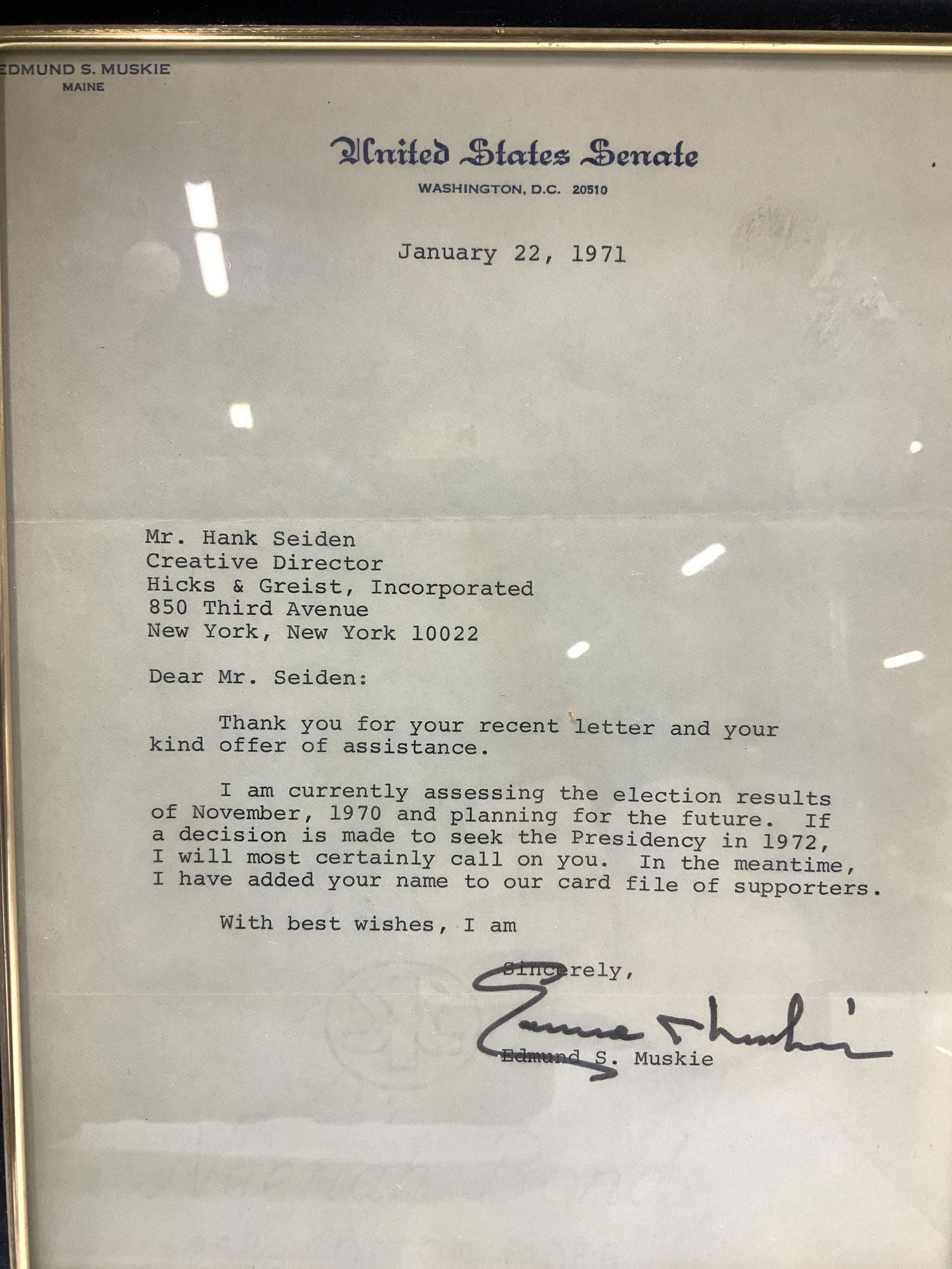 Senator Edmund Muskie Sgn Secretarial Letter (1 of 7)