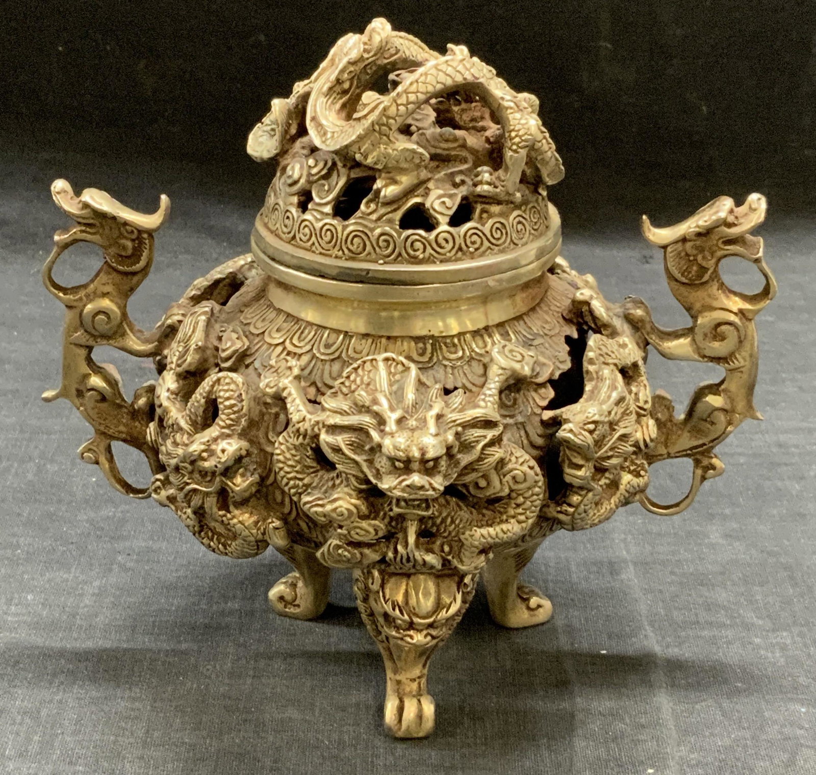 Stamped Chinese Pewter Dragon Incense Burner: Stamped Chinese pewter dragon from incense burner. Stamped to underside. Some surface wear consistent with exposure. Measures approx. 6.5 x 6 inches. Chinese incense burner, oriental incense burner, A