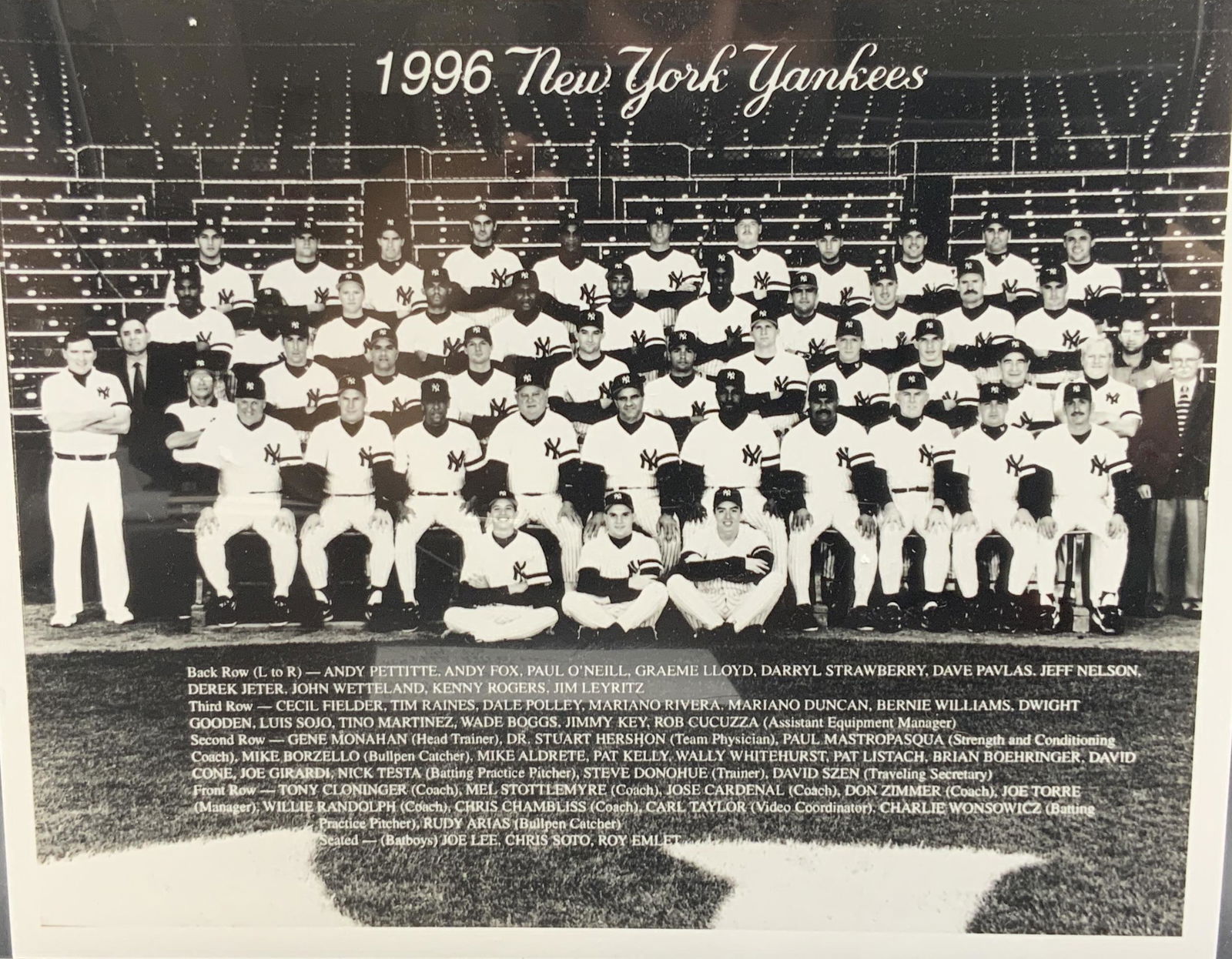 1996 New York Yankees Black & White Team Photo: 1996 New York Yankees Black & White Team Photo. 8 x 10 inch photo. Text to the reverse affixed to photo. Writing to reverse reads 1996 New York Yankees NBLA. Comes with an inventory card. Card reads 1