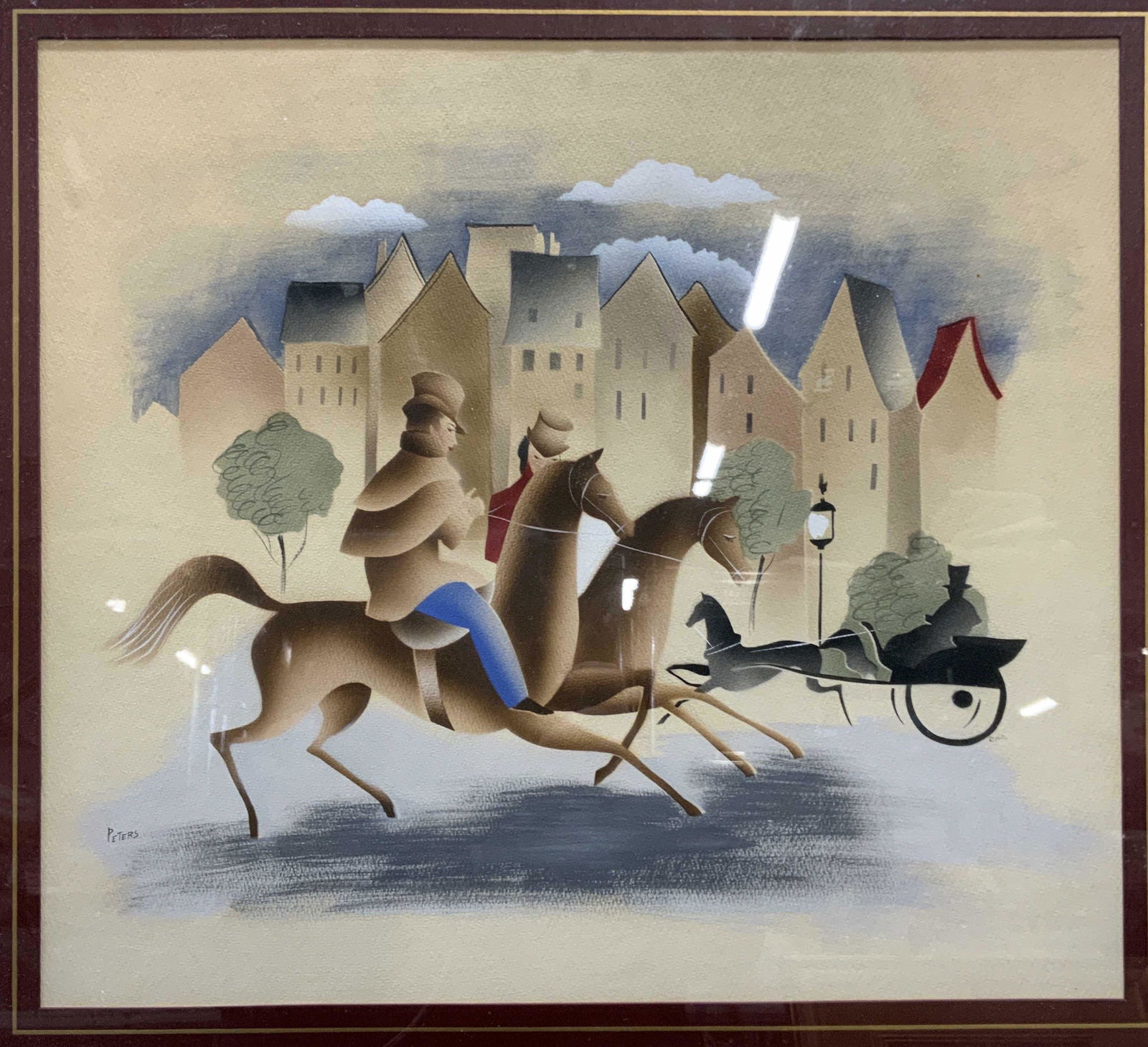 Signed Peters Horse Riders Watercolor Painting (1 of 7)