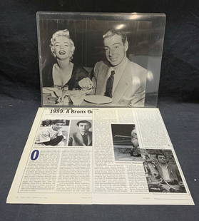 DiMaggio & Marilyn Monroe Photograph & Ephemera: Black and white photograph of Marilyn Monroe and Joe DiMaggio. Measures approx. 10 x 8 inches. New York Magazine article clippings about Joe DiMaggio and Stanley Kubrick, 1999. Joseph Paul DiMaggio, n