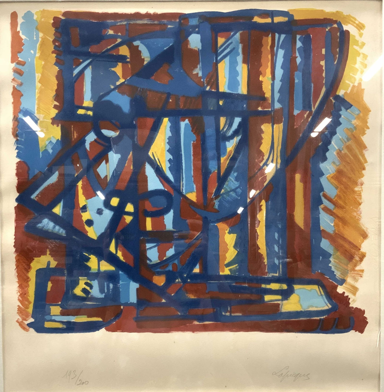 Charles LAPICQUE Signed Figure Armee Lithograph: Signed on lower right corner in graphite LAPICQUE, 193/200 Depicts abstract forms in blue a top of blocks of blue, red, orange and yellows, on arches print making paper. Framed in silver leafed wooden
