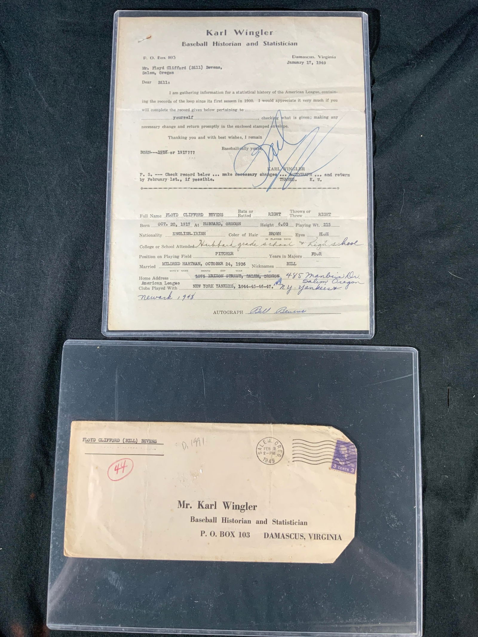 KARL WINGER Signed Historic Letter & Envelope 1949 (1 of 7)