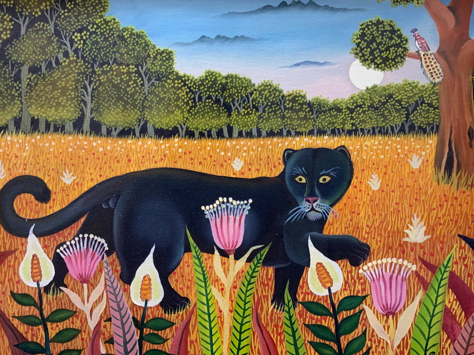 PARADIS Signed Black Panther Oil Painting: Signed on lower right corner Paradis 82. J. Left reads To my friend Erwin Depicts a black panther stalking within a jungle clearing. Framed in light toned wooden frame. Approximately 25.5 x 31.5 inche