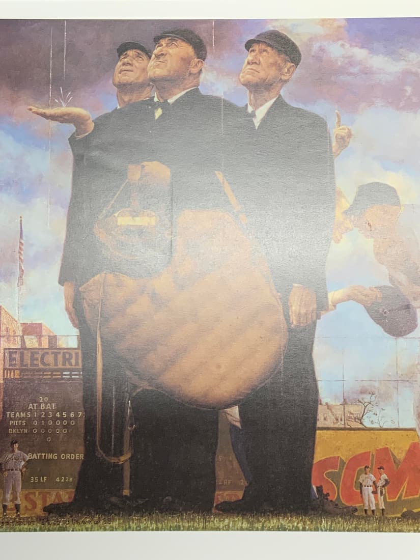 Normal Rockwell Bottom of the Sixth Baseball Litho: Fine art lithograph. Bottom of the Sixth by Norman Rockwell. Subjects depicts figures standing in baseball field. Measures approx. 14 x 12 inches. Some surface wear consistent with exposure. Property 