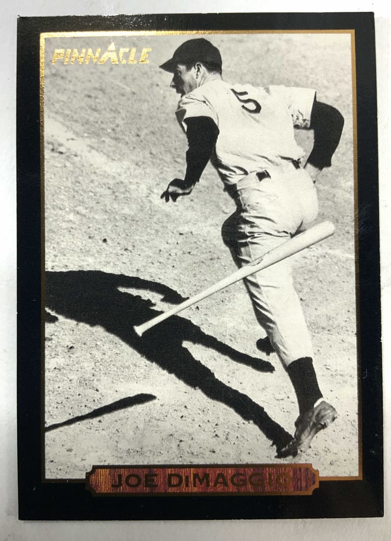 1993 Pinnacle Joe DiMaggio Baseball Card #24: Front of Baseball card reads PINNACLE JOE DIMAGGIO. Backside is numbered 24. Card measures approx 3.5 inches tall 2.5 inches wide. Baseball card, Joe DiMaggio baseball card, Baseball memorabilia, Majo