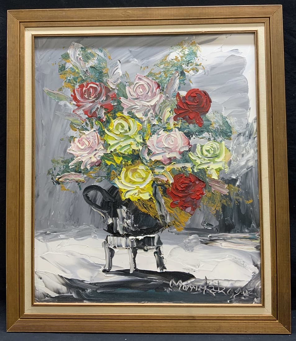Signed Still Life Floral Impasto Oil Painting: Framed impasto oil painting. Signed to Lowe right, illegible. Subject depicts still life scene with flowers in vase in hues of grey, red, yellow, and green. Framed in wood frame. Not examined out of f