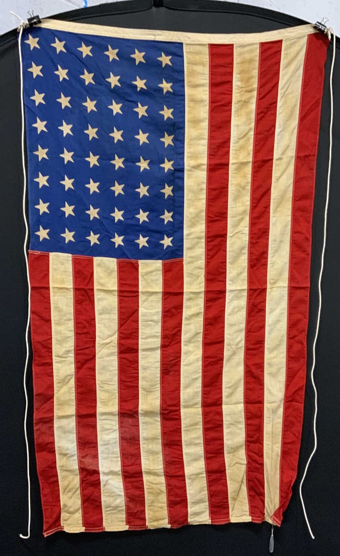 Vintage Annin Linen 48 Star American Flag: Vintage, possibly antique, Annin Reliance linen American Flag with 48 stars. Removed from Collectors Baseball Memorabilia room. Possibly Yankee Stadium ephemera. Wear to material consistent with expos