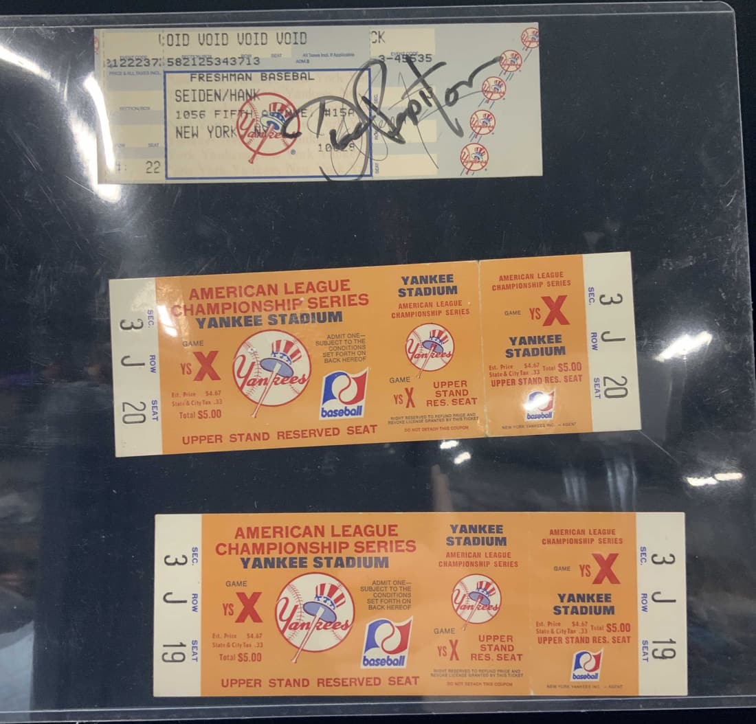 3 Signed Joe Pepitone Yankee Ticket, AL Champ Tick (1 of 7)