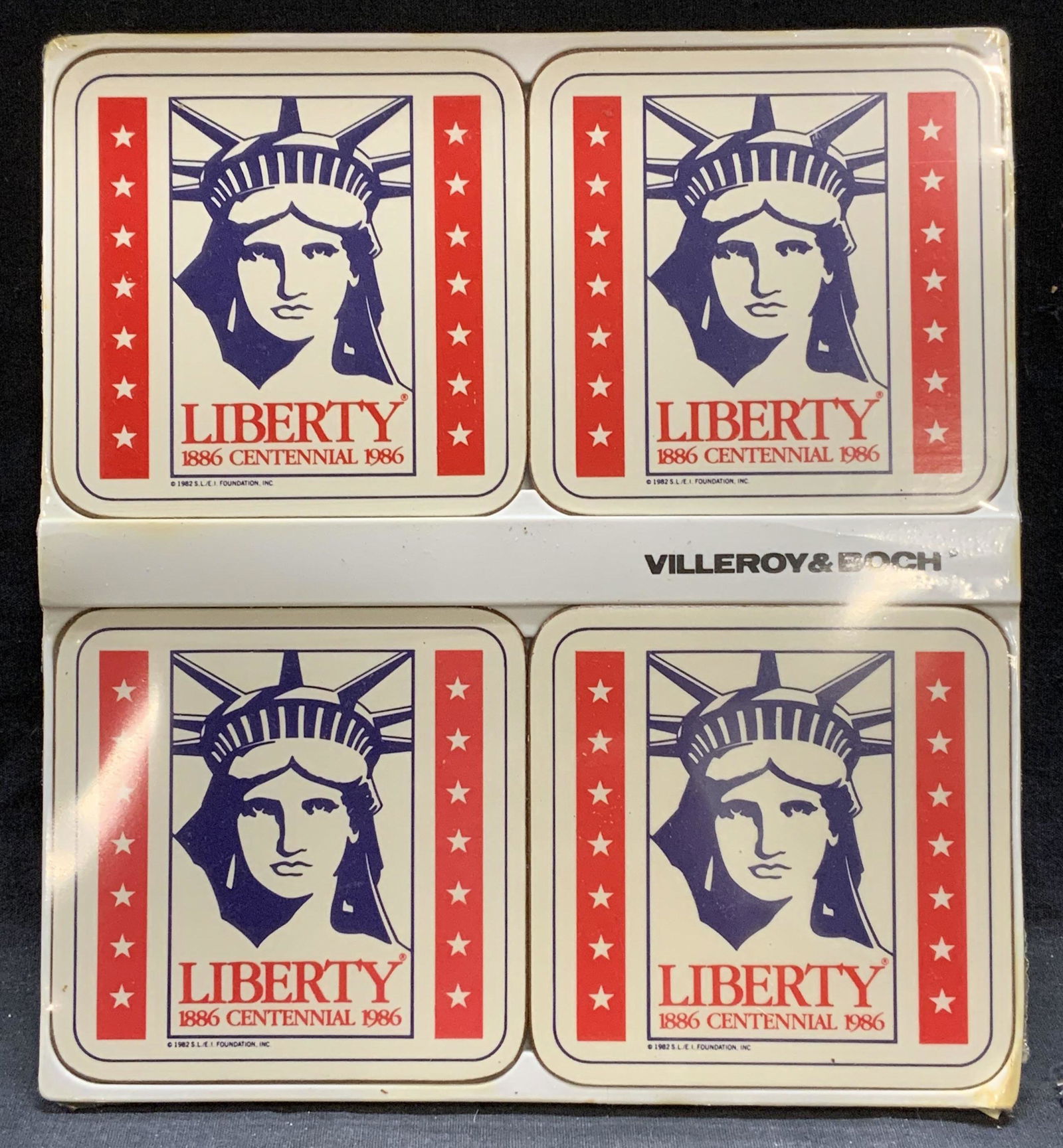 Set 4 VILLEROY & BOCH Liberty Coasters NIP: Set of VILLEROY & BOCH Statue of Liberty centennial coasters. New in package. Material unknown. Coaster measure approx. 4 x 4 inches each. VILLEROY and BOCH, VILLEROY and BOCH coaster, Liberty coaster
