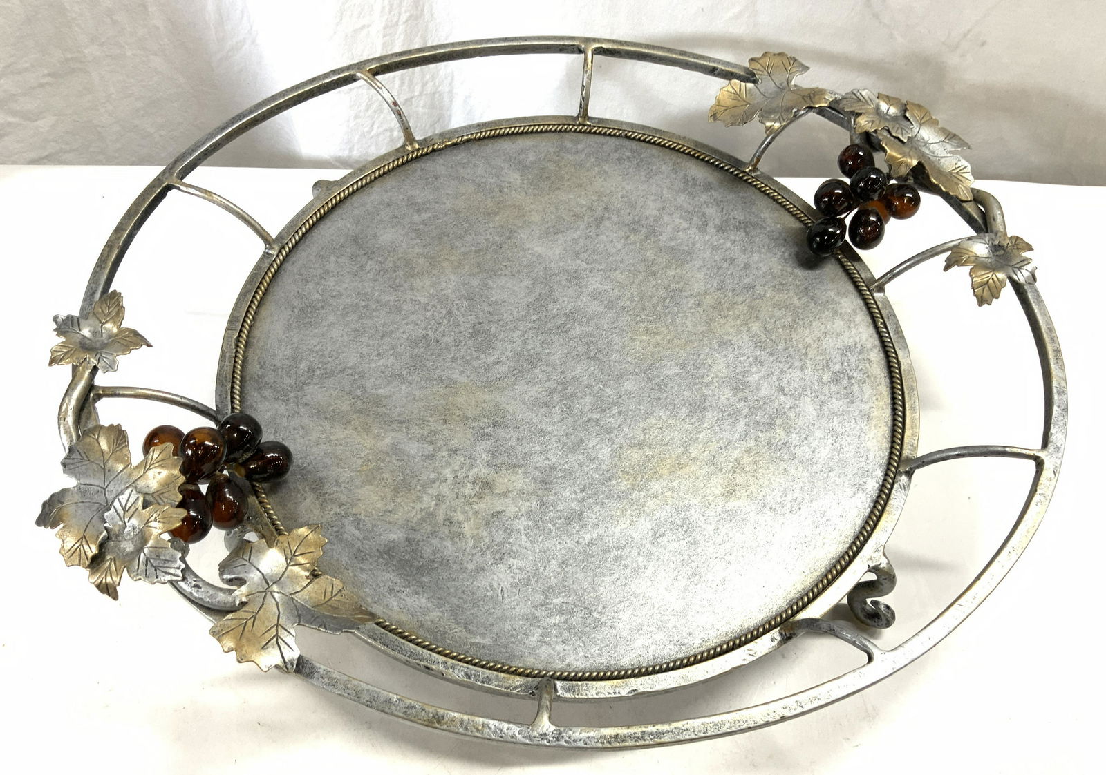 Footed Metal Serving Dish Stand Grape & Leaf Motif (1 of 7)