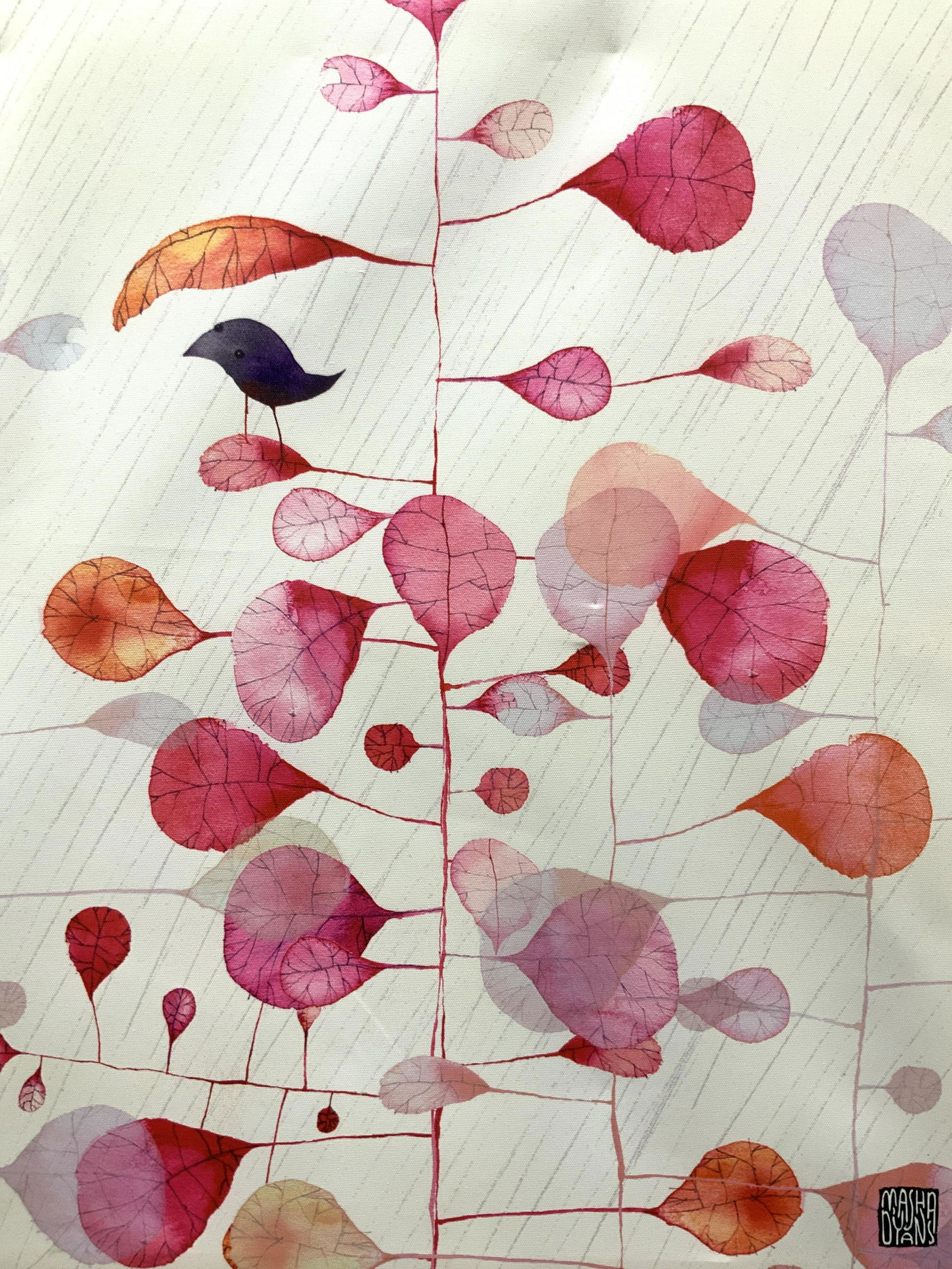 Masha Dyans Floral Stretched Litho On Canvas: Marked on lower right corner and backside, Masan Dyans Depicts stick trees with large leaves and a purple bird perched at the top. No frame. Approximately 26 x 20 inches Moderate wearing to canvas due