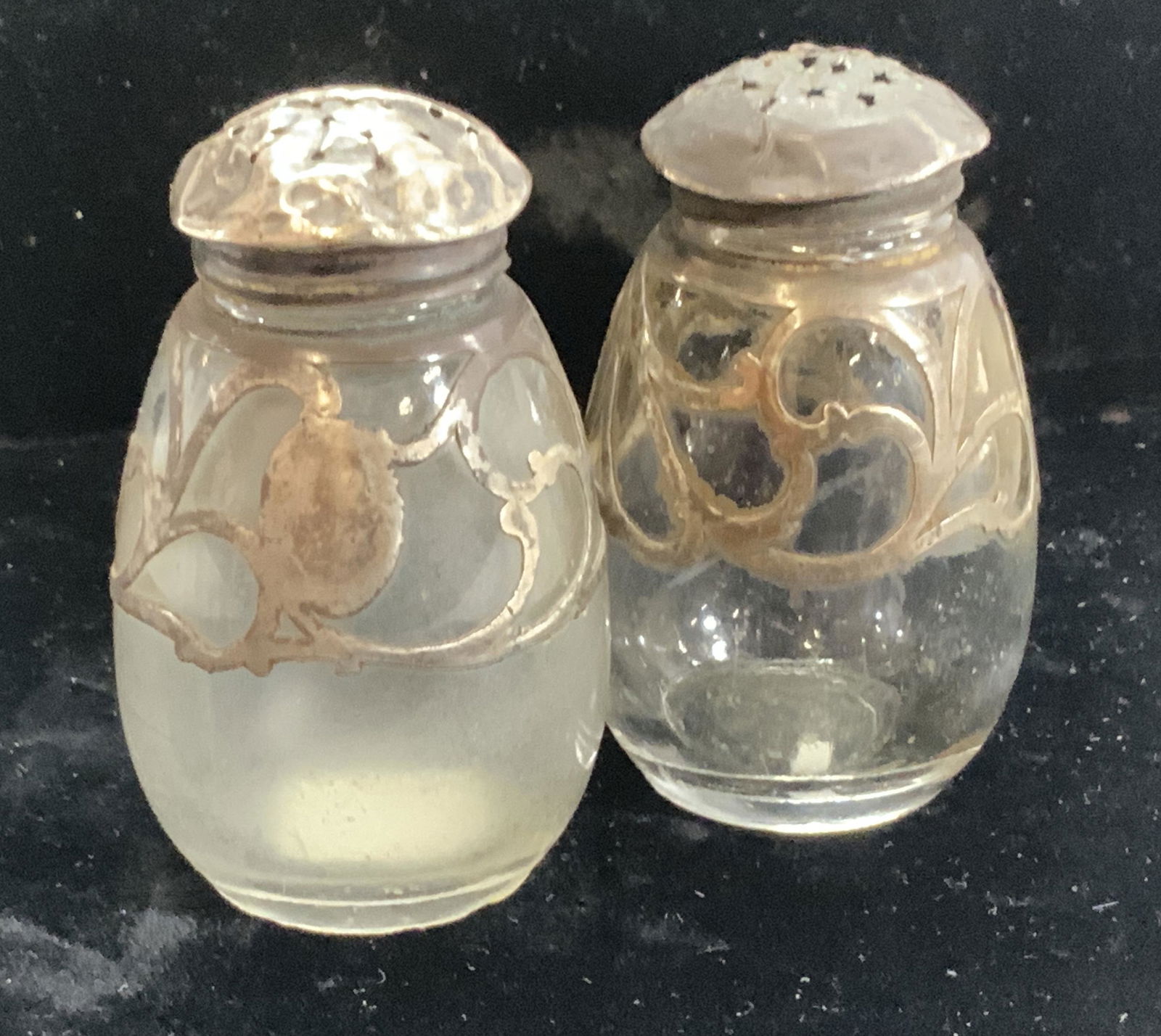 Antique Glass Salt Pepper Shakers w Silver Overlay (1 of 7)