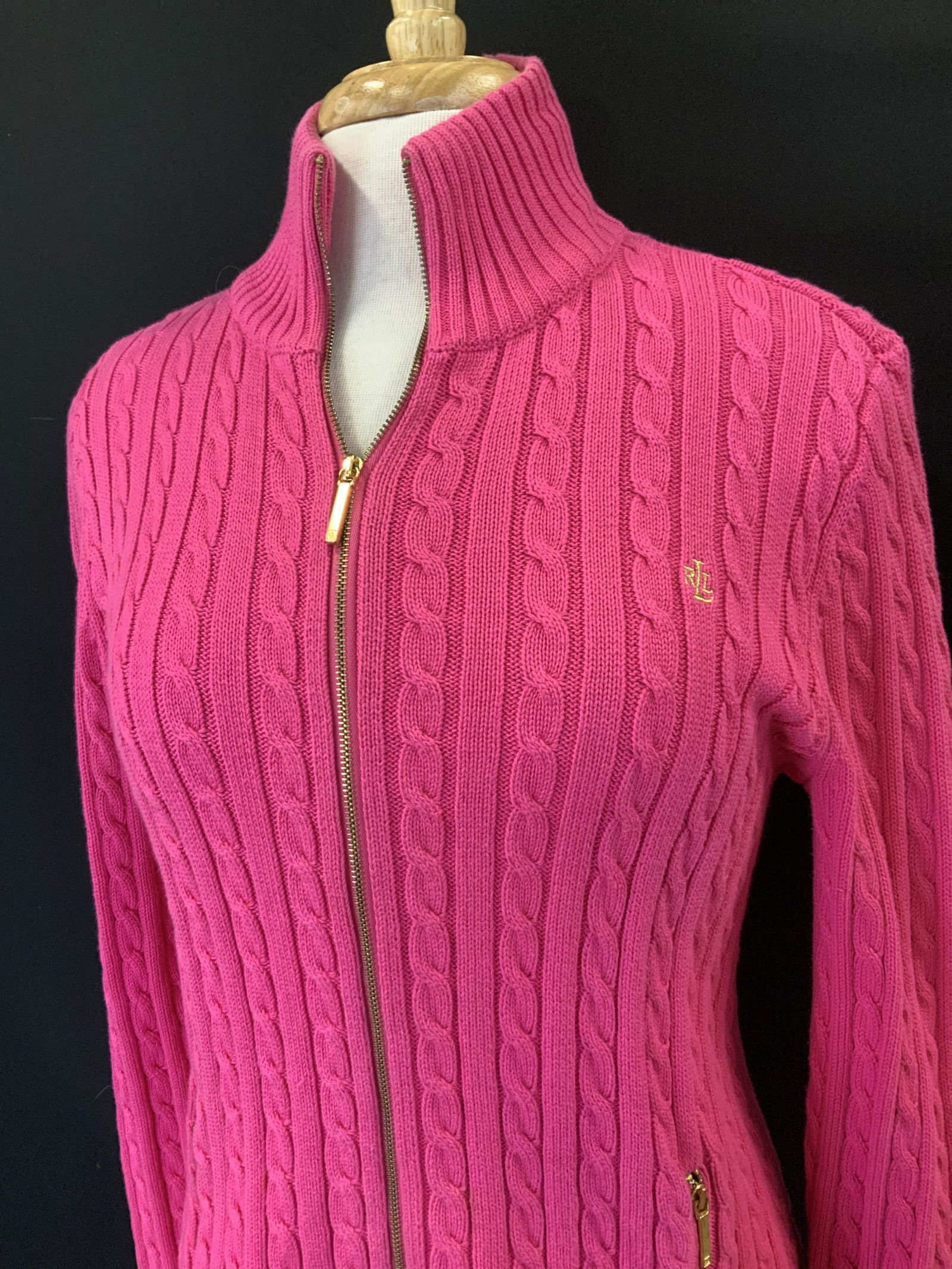 LAUREN RL Cotton Cable Knit Zipper Cardigan (1 of 8)