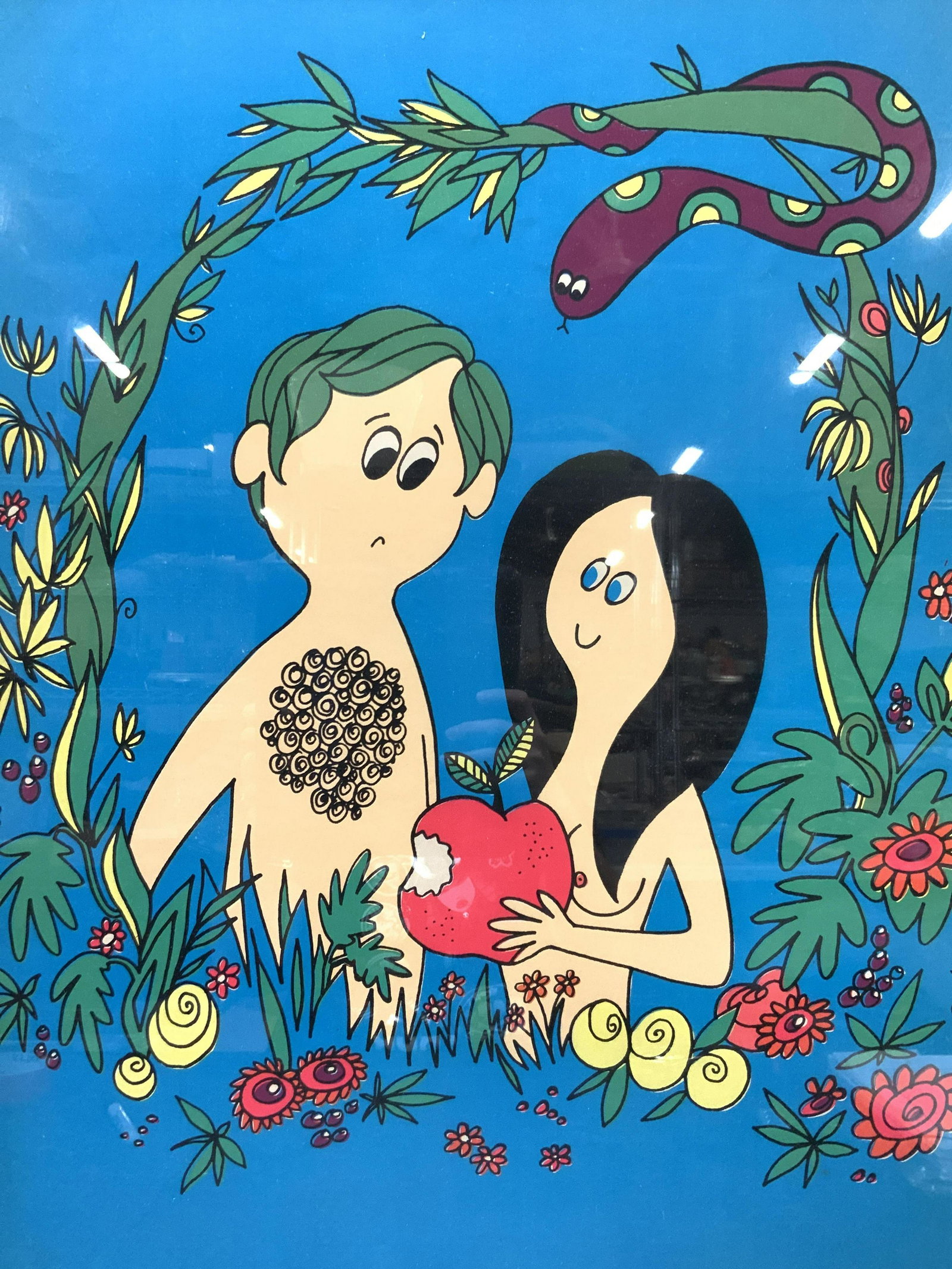 Adam & Eve Tree of Knowledge Lithograph Shohar: Marked in lower right corner printed in Israel by Shohar Depicts Adam and Eve standing within a vine with the serpent watching them both as Eve holds the forbidden fruit with a bite taken out of it. F