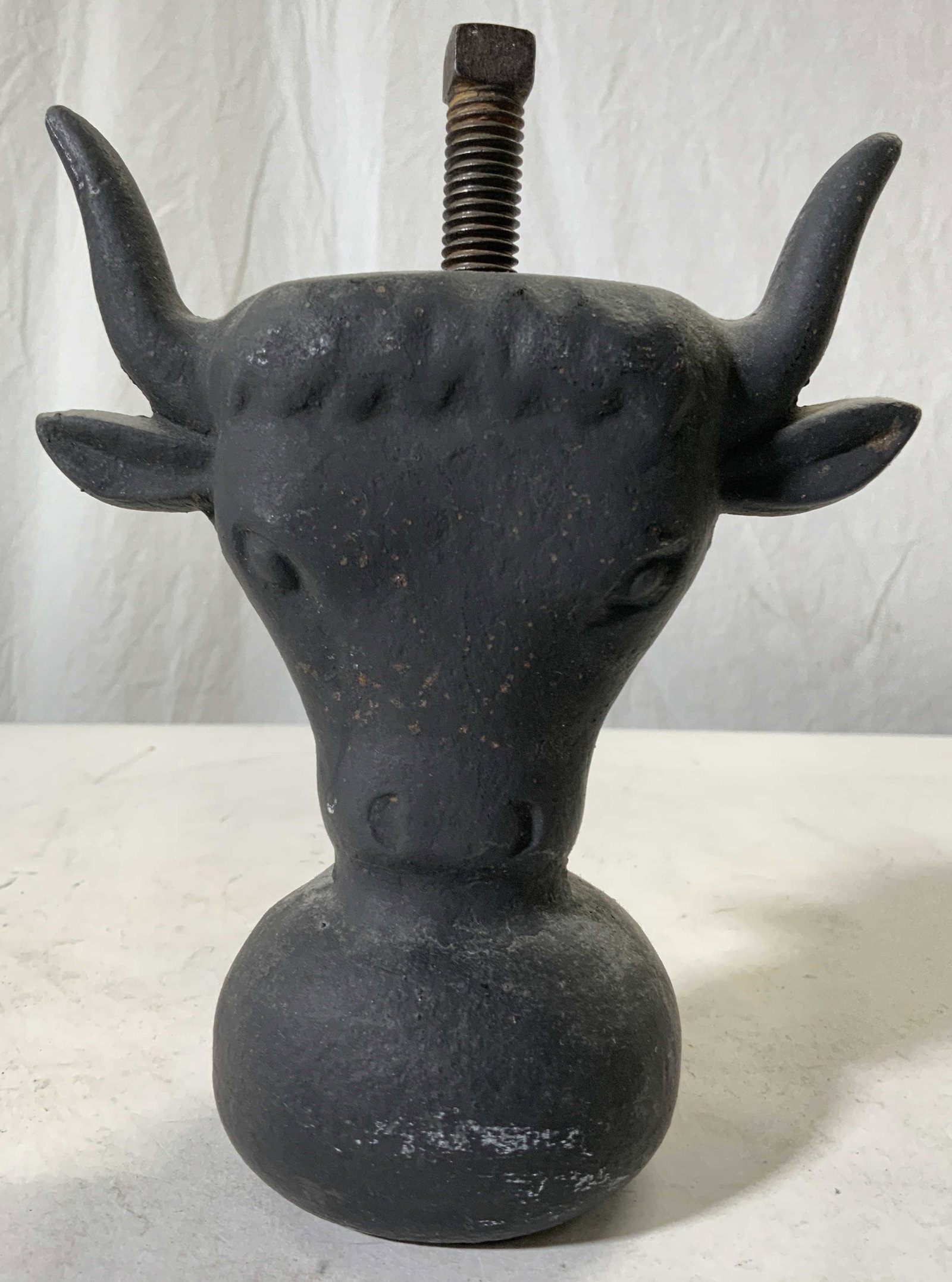 Vintage Iron Bullhead Gate Top Gate Finial: Gate top is iron. Piece is vintage possibly antique. Gate top has bull head with horns figure. Center of piece has screw In head. Underside has grooves to screw piece on to top of fence. Piece measure