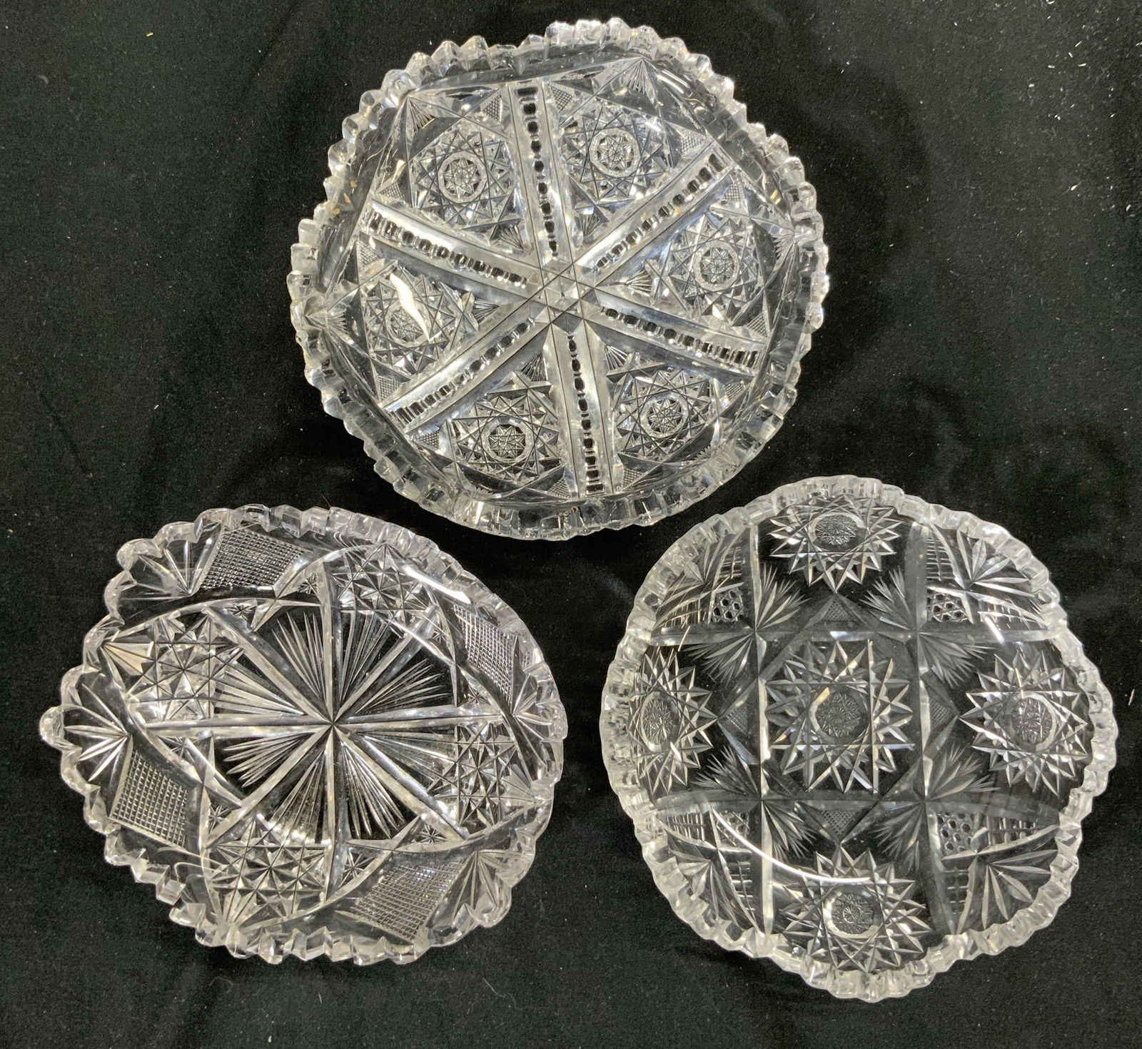 3 Toothed Rim Cut Crystal Trinket Dishes Vessels (1 of 6)