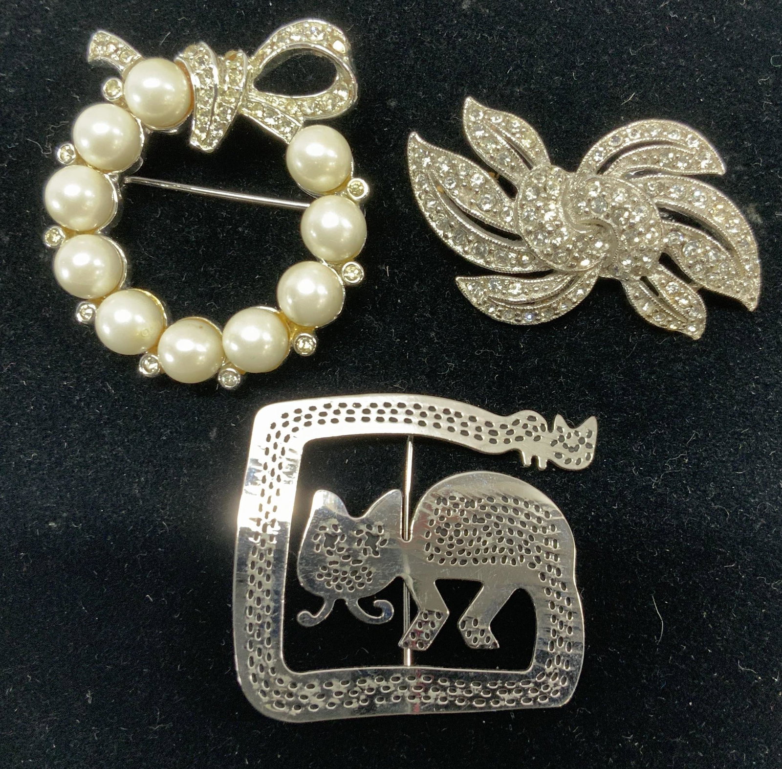 3 Faux Pearl, Cat Brooch, Crystal Scarf Clip: Silver tone cat brooch hallmarked TBM , 1.5 in. Round faux white pearls brooch with crystals, 1.5 in. Art nouveau crystal scarf clip/ accessory, 1.75 x 1 in. Costume jewelry, bridal jewelry, brooch, s