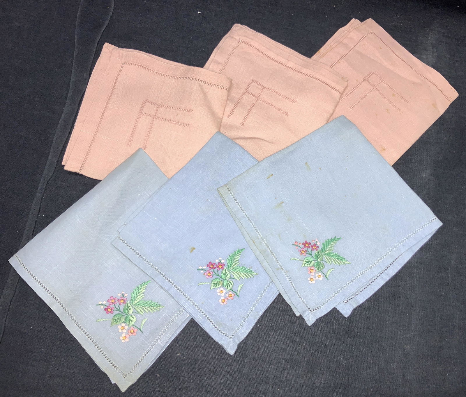 6 Vintage Embroidered Handkerchiefs: Set of 6 assorted handkerchiefs, 3 peach toned, approximately 10 x 10 inches, with corner stitching. And 3 blue toned handkerchiefs, approximately 10 x 10 inches with embroidered flowers on corners. E