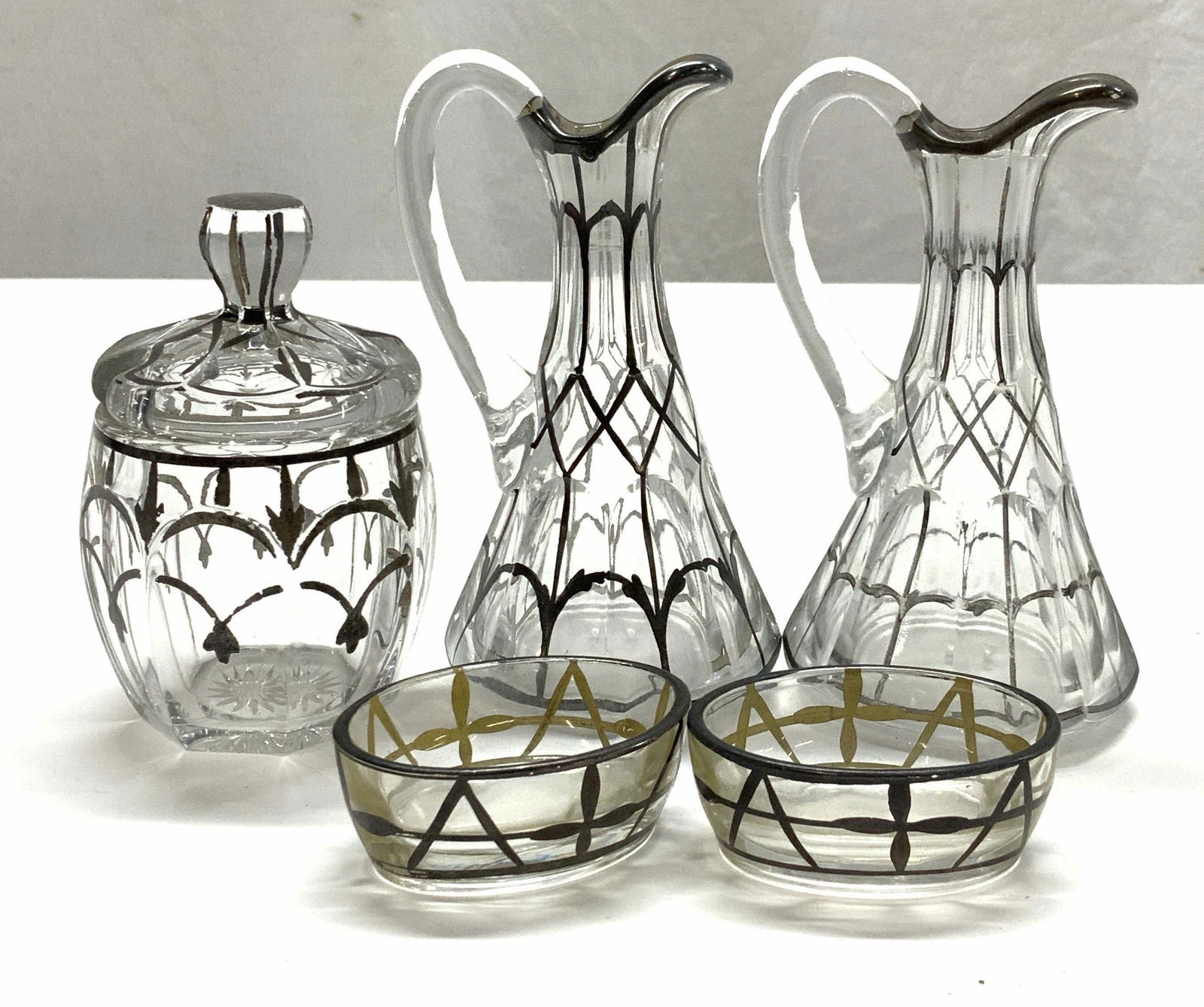 Set 5 Vintage Glass Tableware w Silver Pl Overlay (1 of 6)