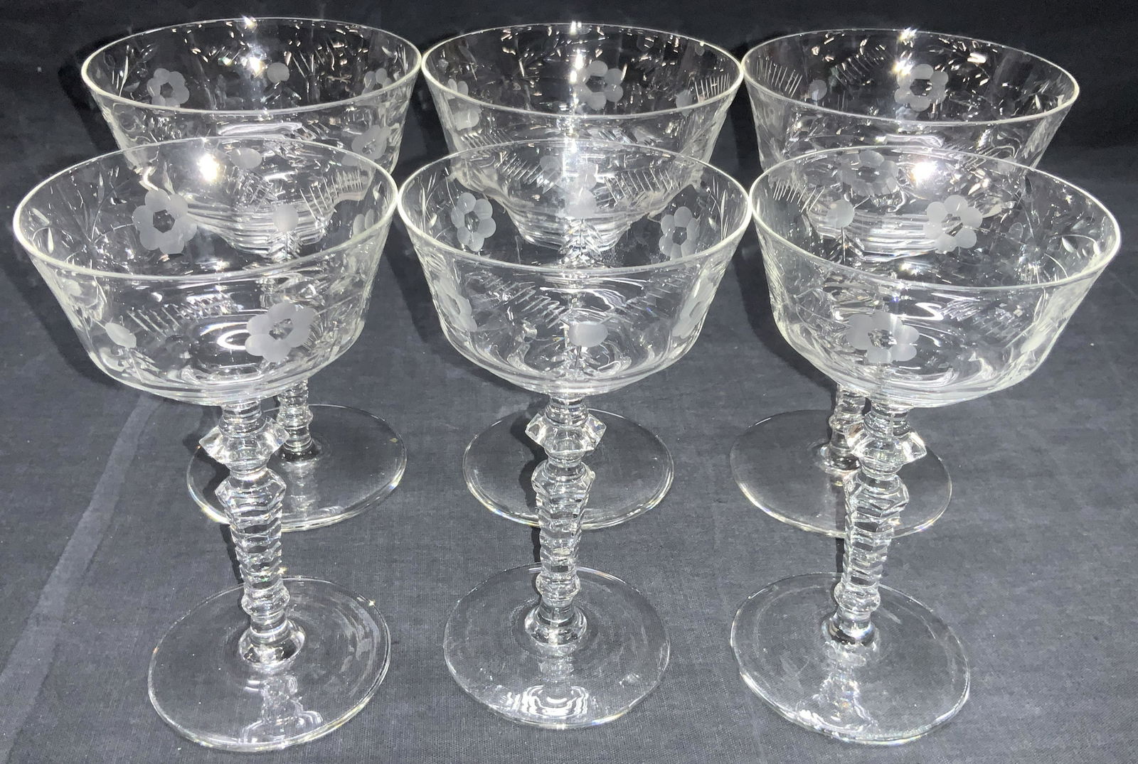 Set 6 Cut & Etched Crystal Stemware: Set 6 stemware with etched floral exterior of cup shad angular stems. Set of 3 are smaller than the other 3, at 5.5 inches tall, others are 5.75 inches. Cut crystal stemware, stemware, drinkware, crys