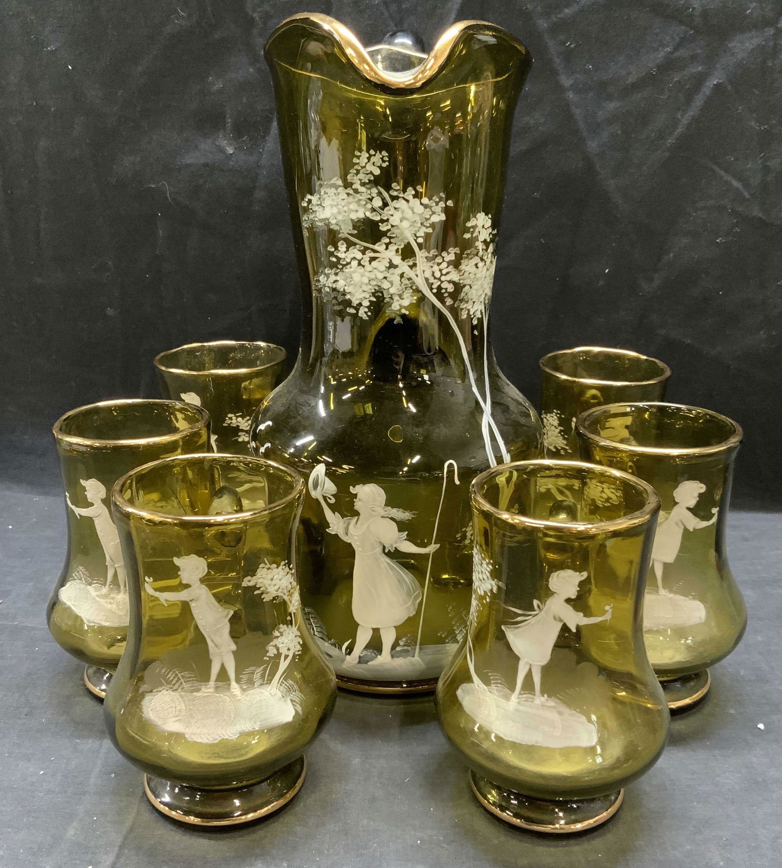 Set 7 Hand Painted Art Glass Pitcher & Glasses (1 of 8)