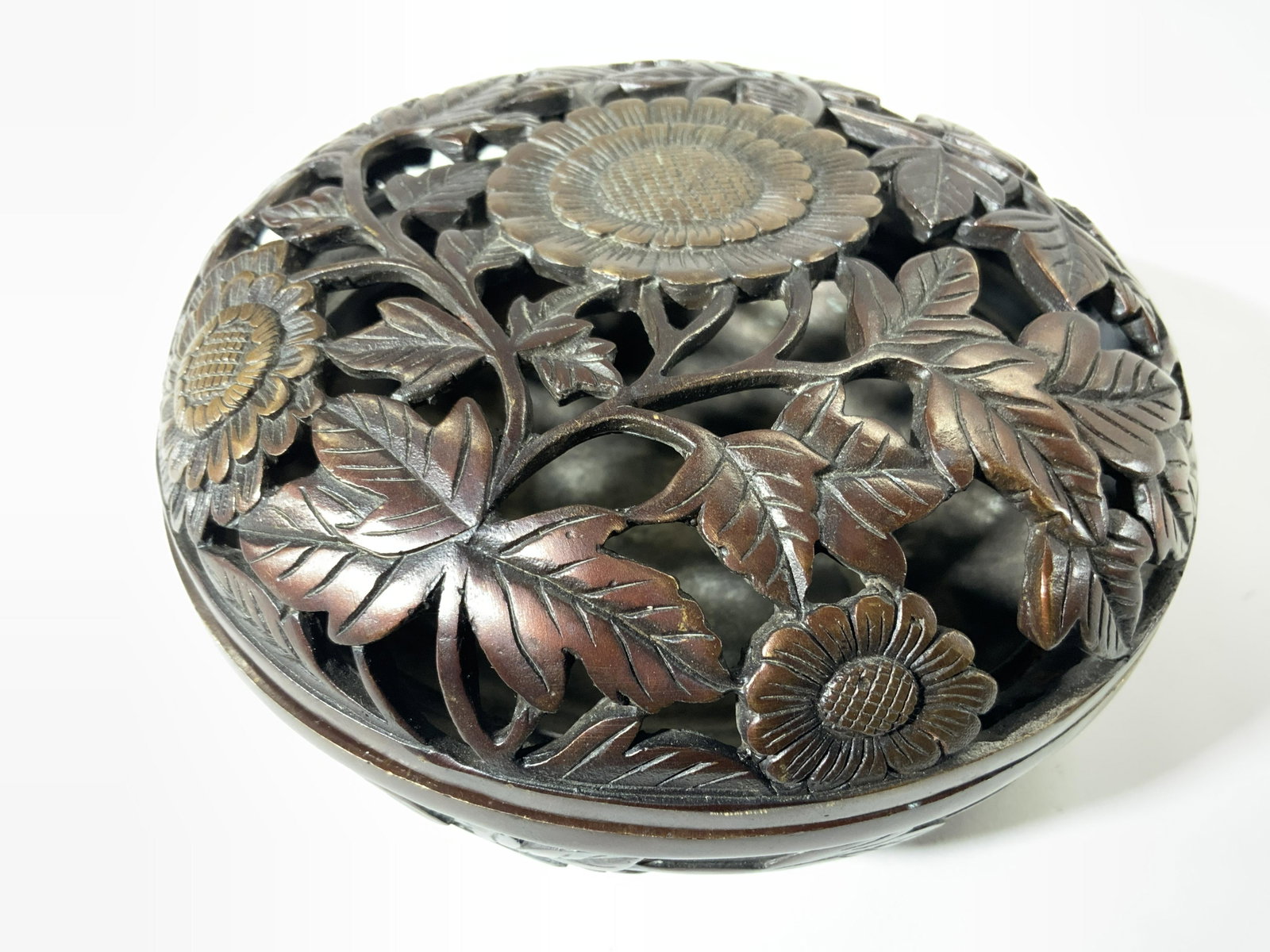 Signed Asian Gilt Bronze Incense Burner: Underside of piece is signed with Asian characters. Incense burner appears to be gilt bronze, possibly bronze toned finish over brass. Piece has intricate floral and leaf detail. Measures approx 6.25 