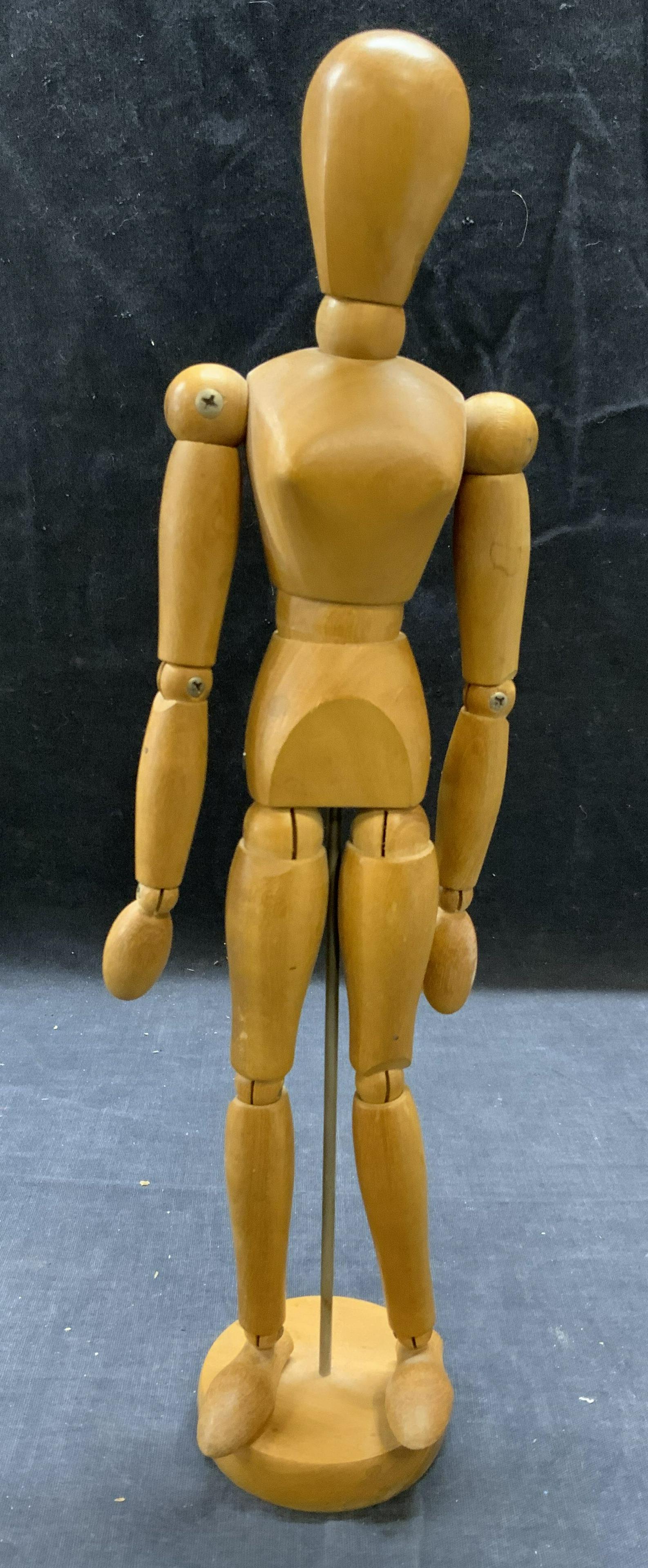 Posable Wood Artists Model Maquette: Posable wood artists model maquette. Some surface wear consistent with exposure. Measures approx. 3 x 12.5 inches. Maquette, artists model, wood maquette, figural, table decor, table accessories, home