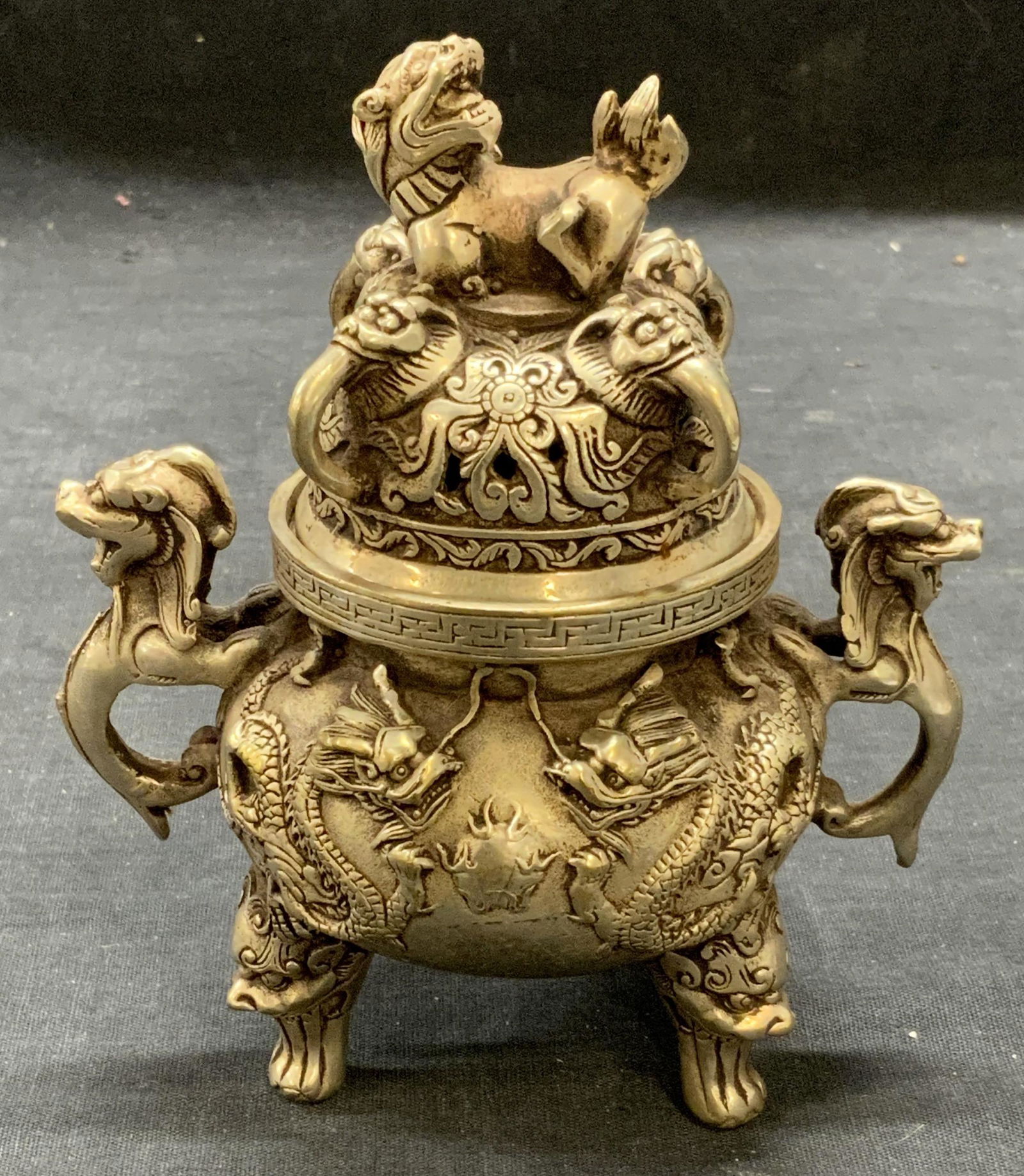 Stamped Chinese Pewter Foo Dog Incense Burner (1 of 6)