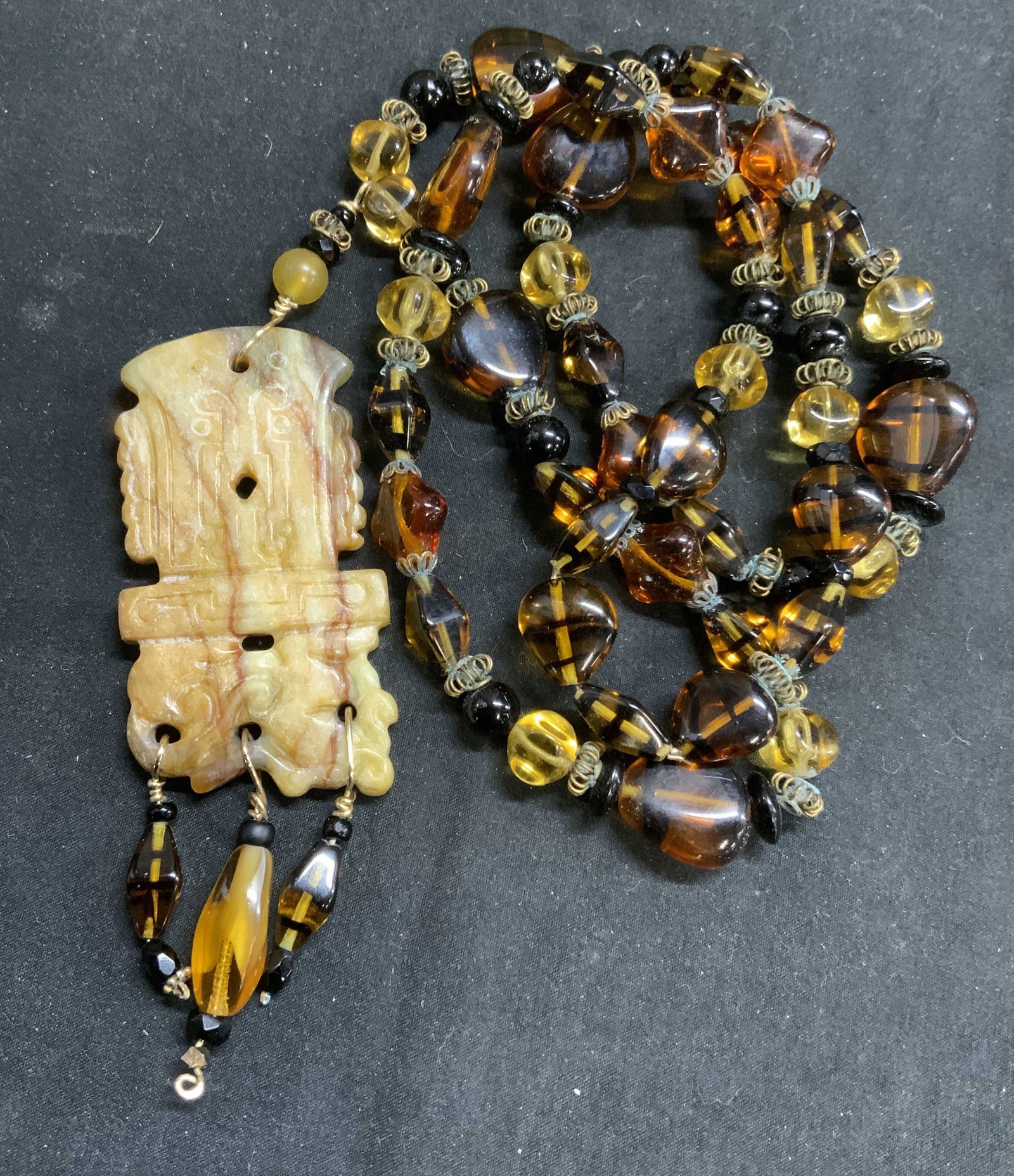 Glass Beaded Necklace w Carved Stone Pendant (1 of 6)