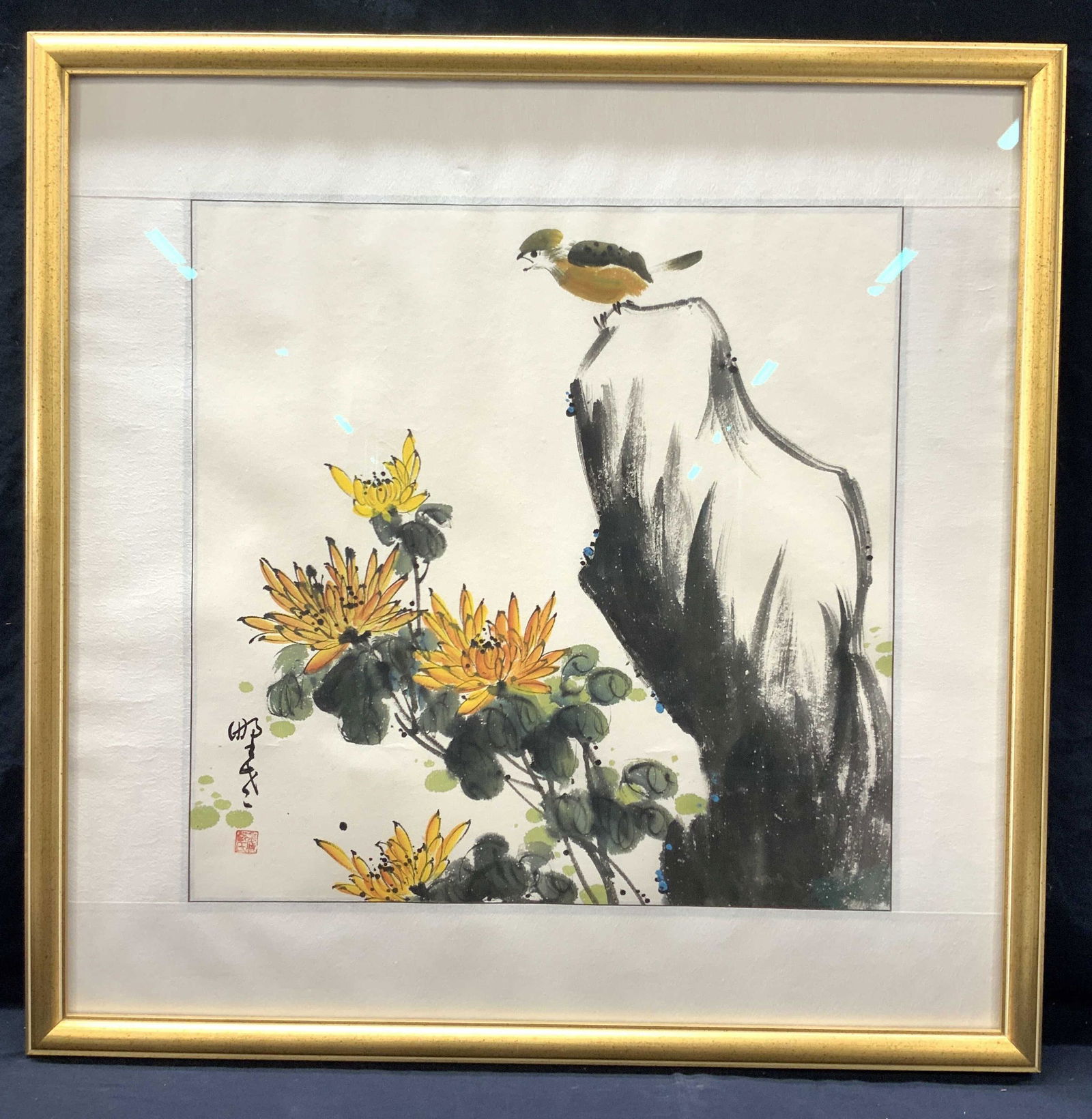 Stamped Asian Flower & Bird Ink Painting (1 of 9)