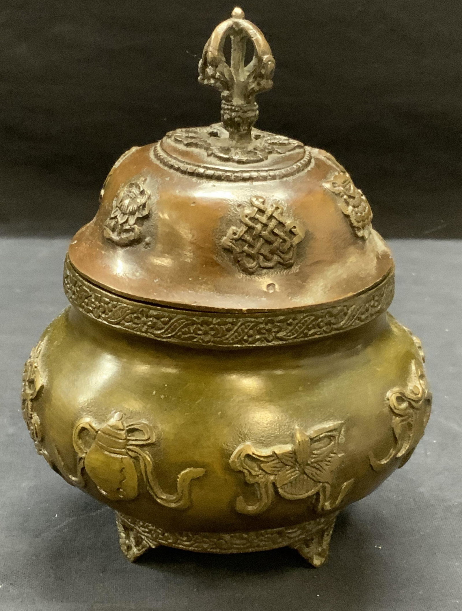 Stamped Chinese Bronze Incense Burner: Stamped Chinese bronze incense burner. Stamped to underside. Some surface wear consistent with exposure. Measures approx. 4.25 x 6.25 inches. Chinese incense burner, Asian incense burner, oriental inc