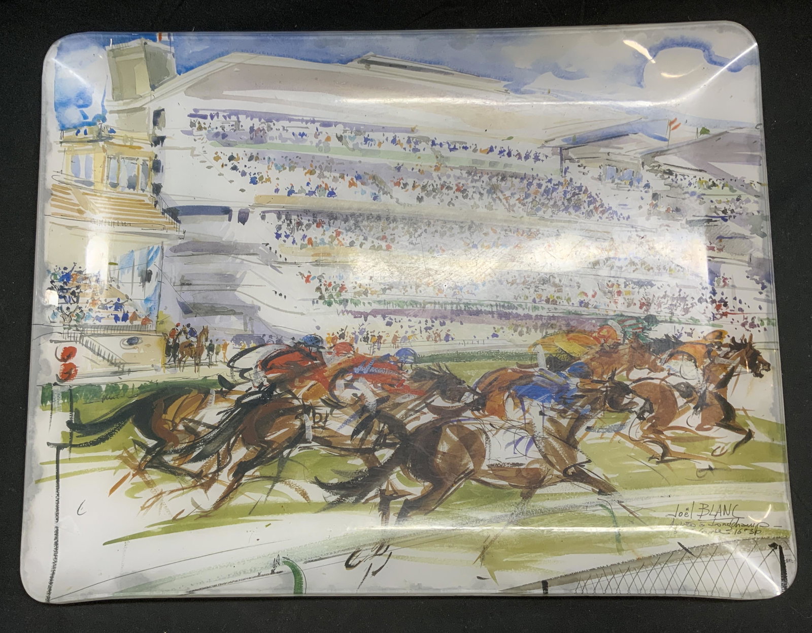 JOEL BLANC Longchamp Equestrian Tray: Joel BLANC Longchamp equestrian horse racing tray. Acrylic. Signed Joel BLANC. Measures approx. 19 x 14.5 inches. Surface wear consistent with exposure. Joel BLANC, Joel BLANC tray, equine tray, eques