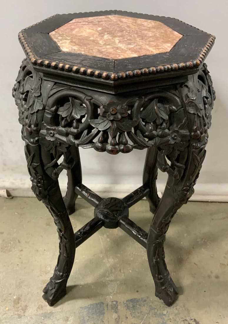 Vtg Sign Asian Carved Wooden Marble Top Side Table (1 of 11)
