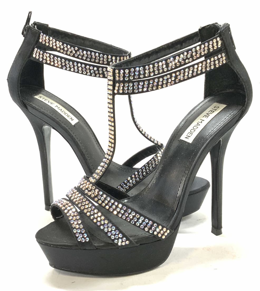 Steve Madden 5.5 in Heels w Rhinestones: 8.5 Med Black sateen high heels, 5.5 in. skinny heel. Signed Steve Madden. Zipper heels, open tie, ankle strap. Shoe is decorated with rhinestones.very light wear. Ladies high heel shoes, ladies eveni